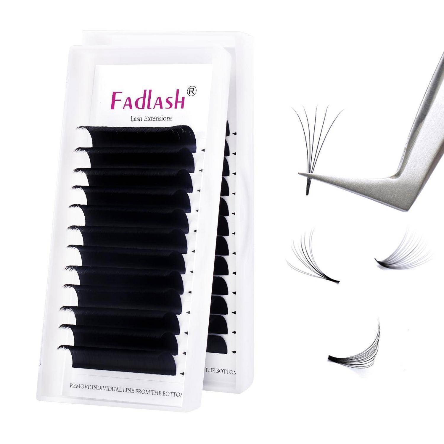 Fadlash Wimpernverlängerungstabletts mit schwarzen künstlichen Wimpernstreifen und Pinzetten zum Halten einzelner Wimpernfächern.