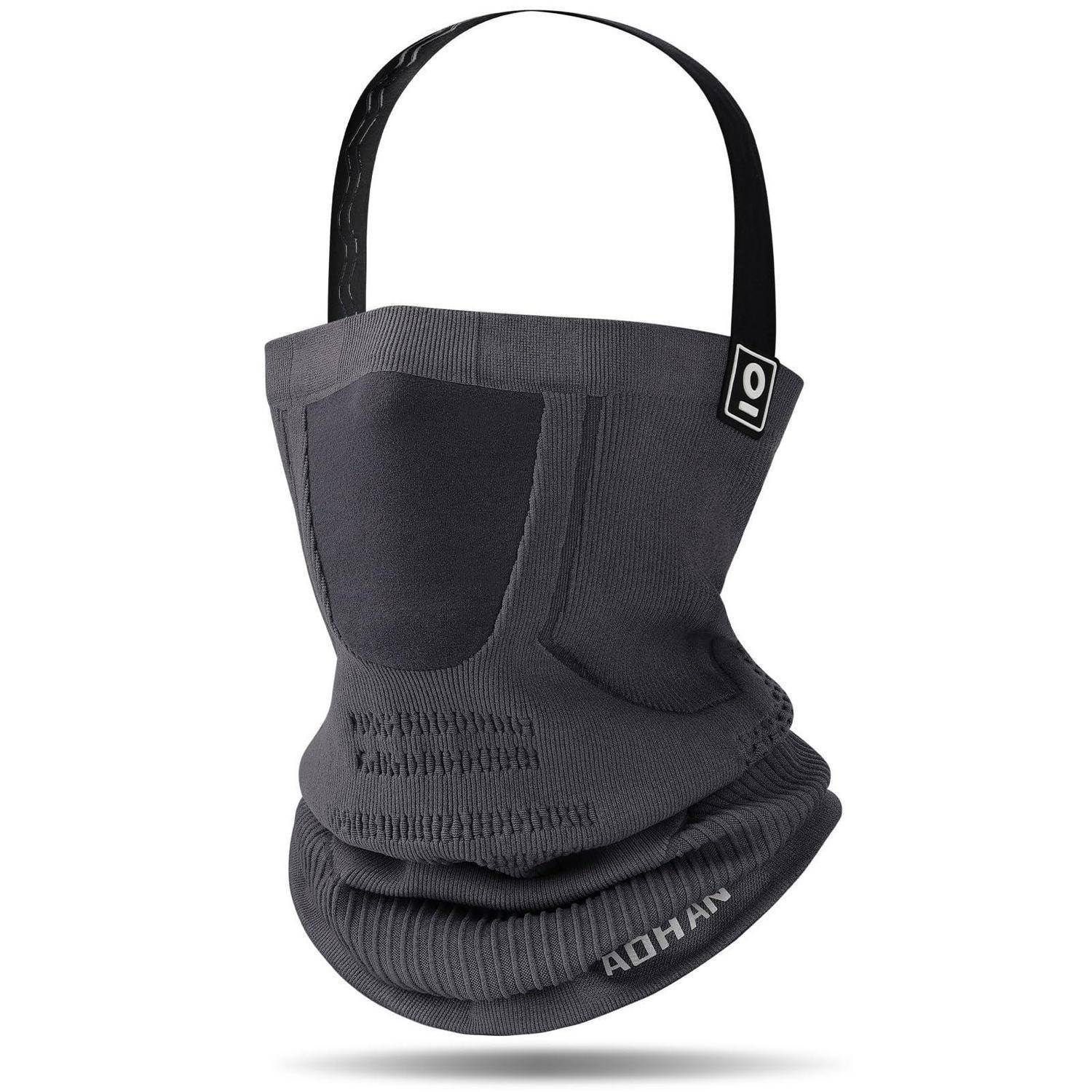 Dunkelgraues Nacken-Gaiter oder Gesichtsmaske mit integrierter schwarzer Aufhängungsschlaufe, gezeigt auf weißem Hintergrund.
