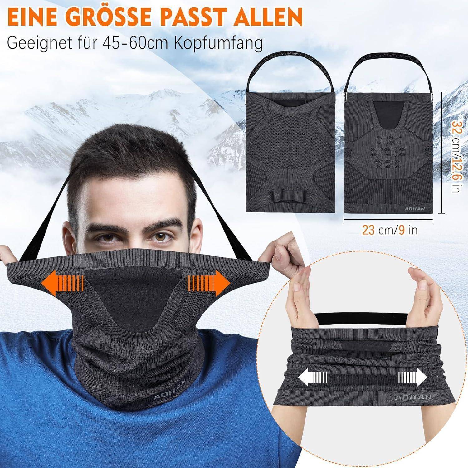 Mann mit einem dehnbaren Halstuch, dargestellt als Einheitsgröße für 45-60 cm Kopfumfang, mit Produktgrößenansichten und Abmessungen von 23 cm mal 32 cm.