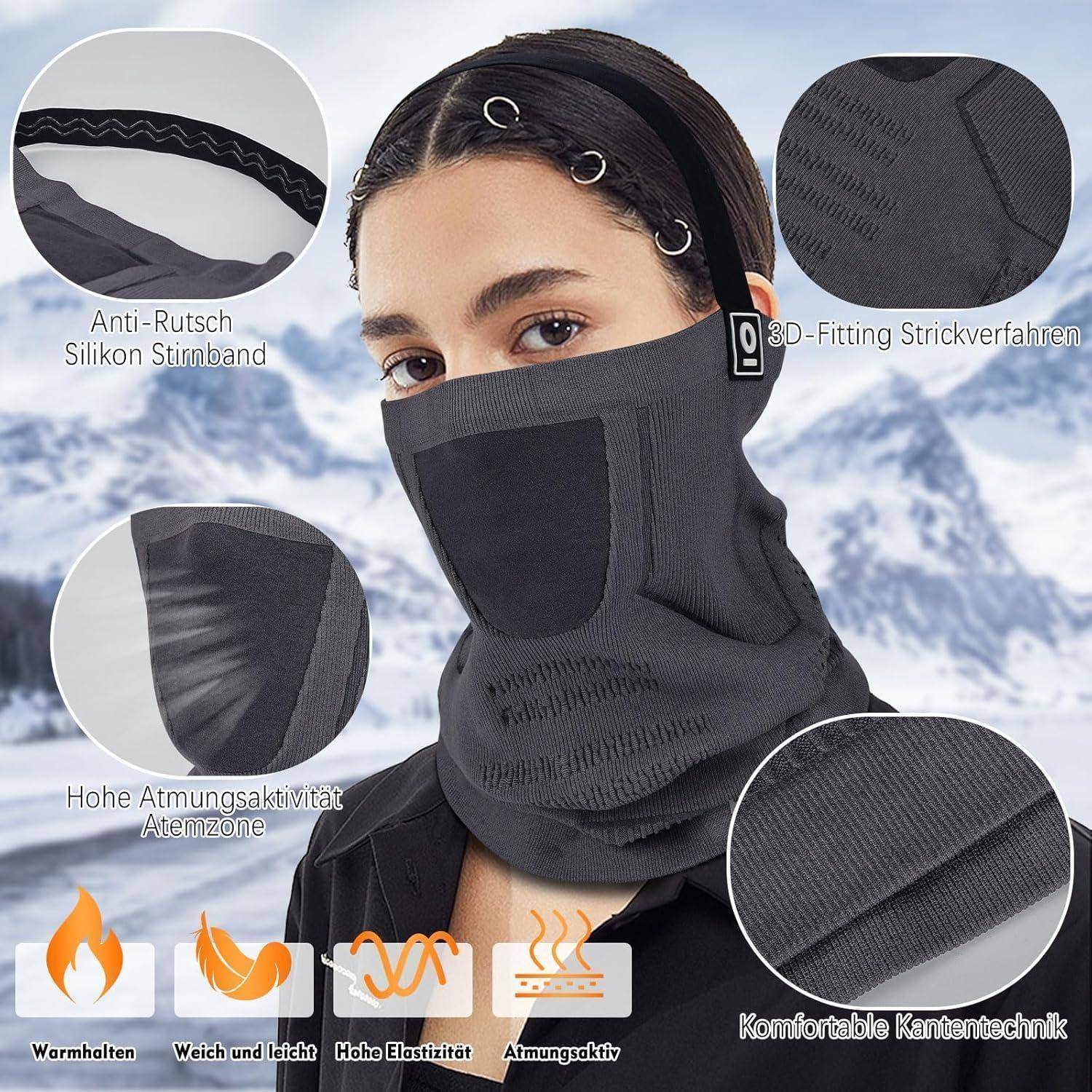 Frau, die eine dunkelgraue Ski-Balaklava mit Gesichtsöffnung trägt; eingefügte Beschriftungen heben Anti-Rutsch-Stirnband, 3D-Passform, Atmungsaktive Zone und warmes, dehnbares Gewebe hervor.