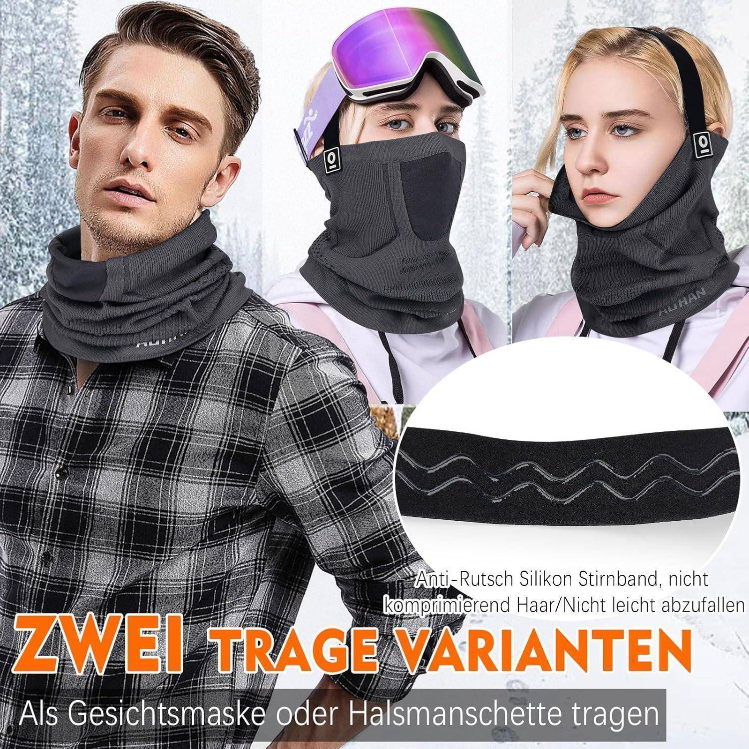 Werbebild von drei Modellen, die einen schwarzen Nacken-Gaiter/Gesichtsmaskentuch mit einer Nahaufnahme des rutschfesten Kopfbandes tragen, das zwei Trageoptionen zeigt; der Text lautet 