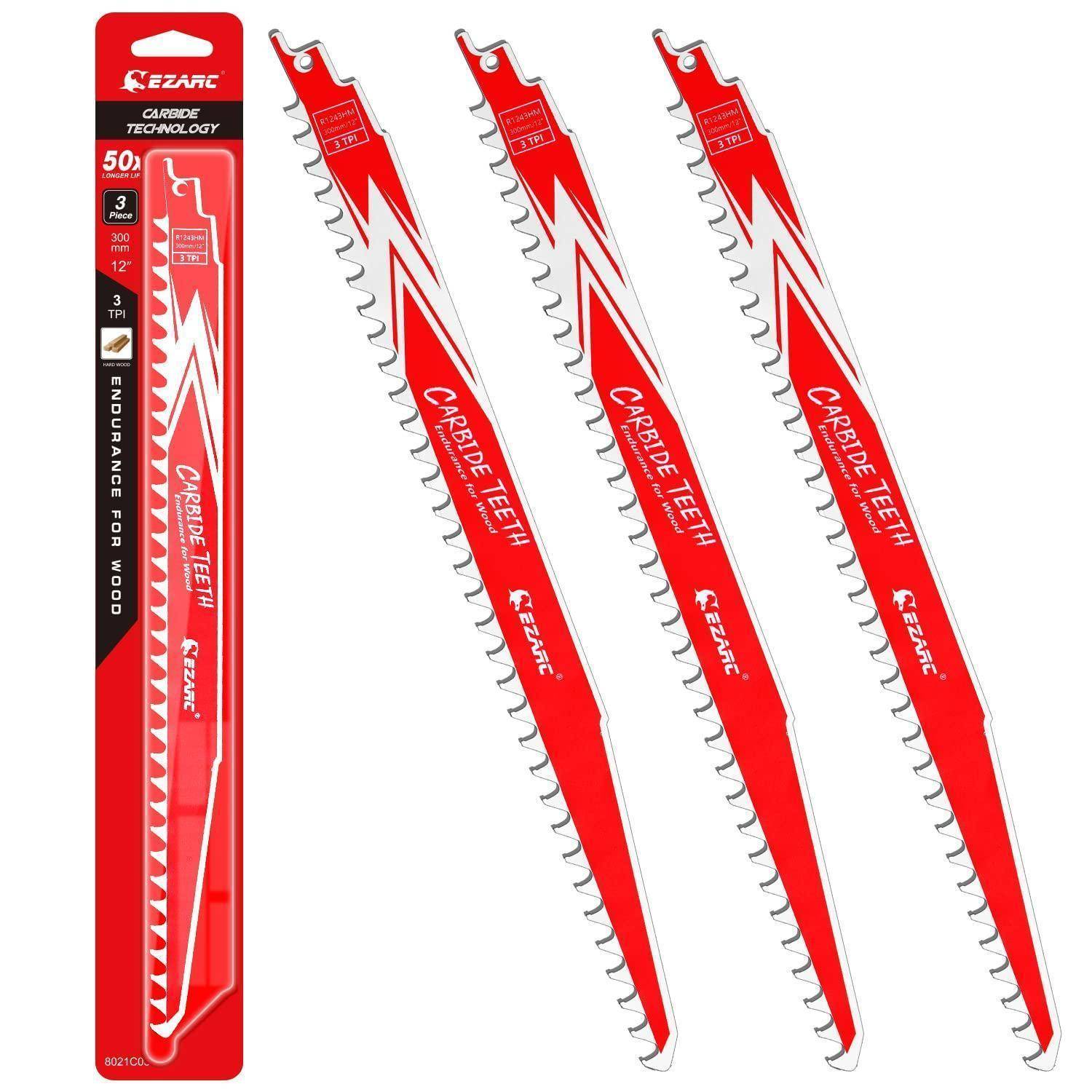 Verpackung und drei rote Eazac-Hartmetall-Sägeblätter für Reciprocating Saws für Holz, dargestellt in einer Blisterverpackung mit Produktdetails auf der linken Seite.