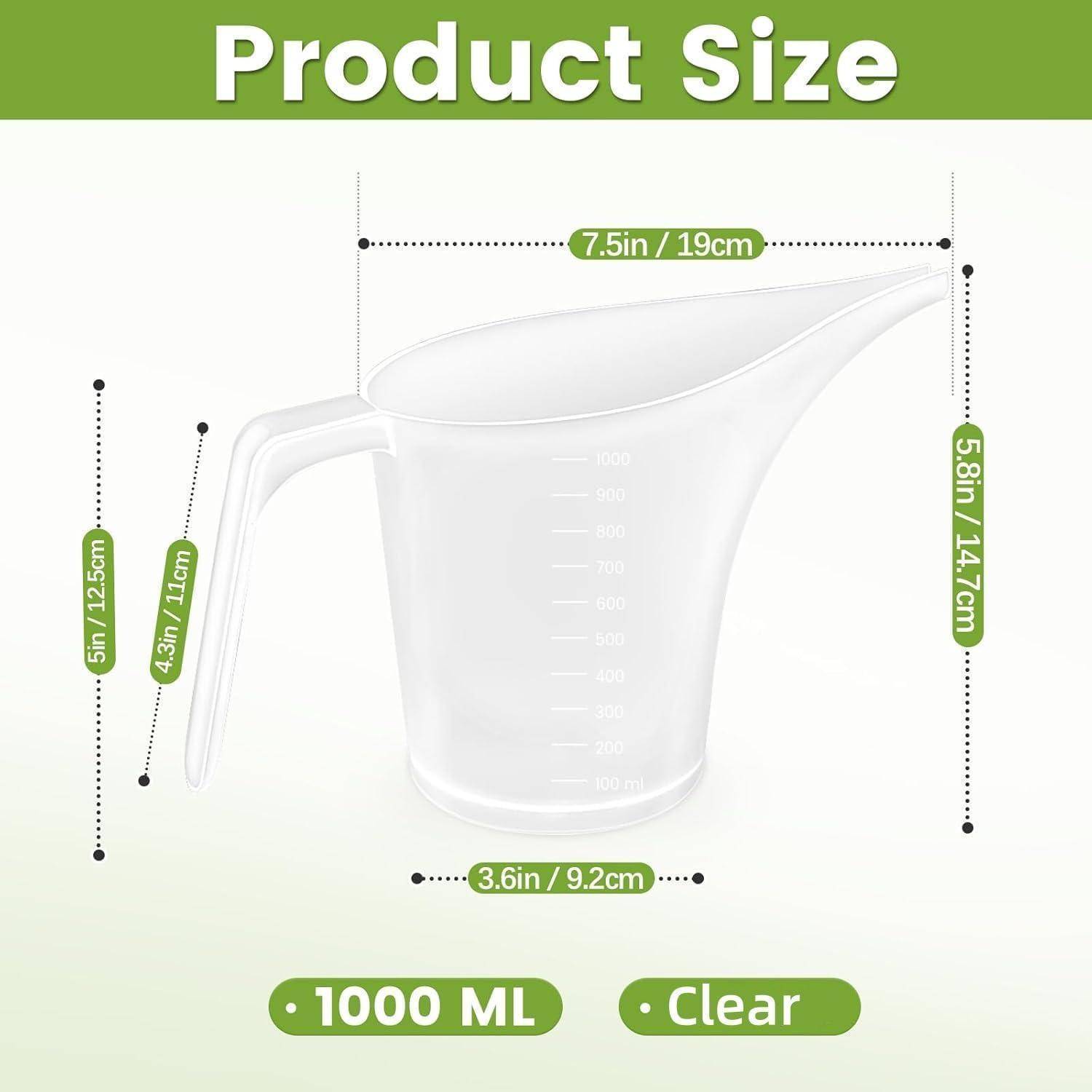 Produktgrößendiagramm eines klaren 1000-ml-Messkriugs mit Abmessungen: 7,5 Zoll breit, 5,8 Zoll hoch, 3,6 Zoll Basis, 5 Zoll Griff, 4,3 Zoll Ausguss.