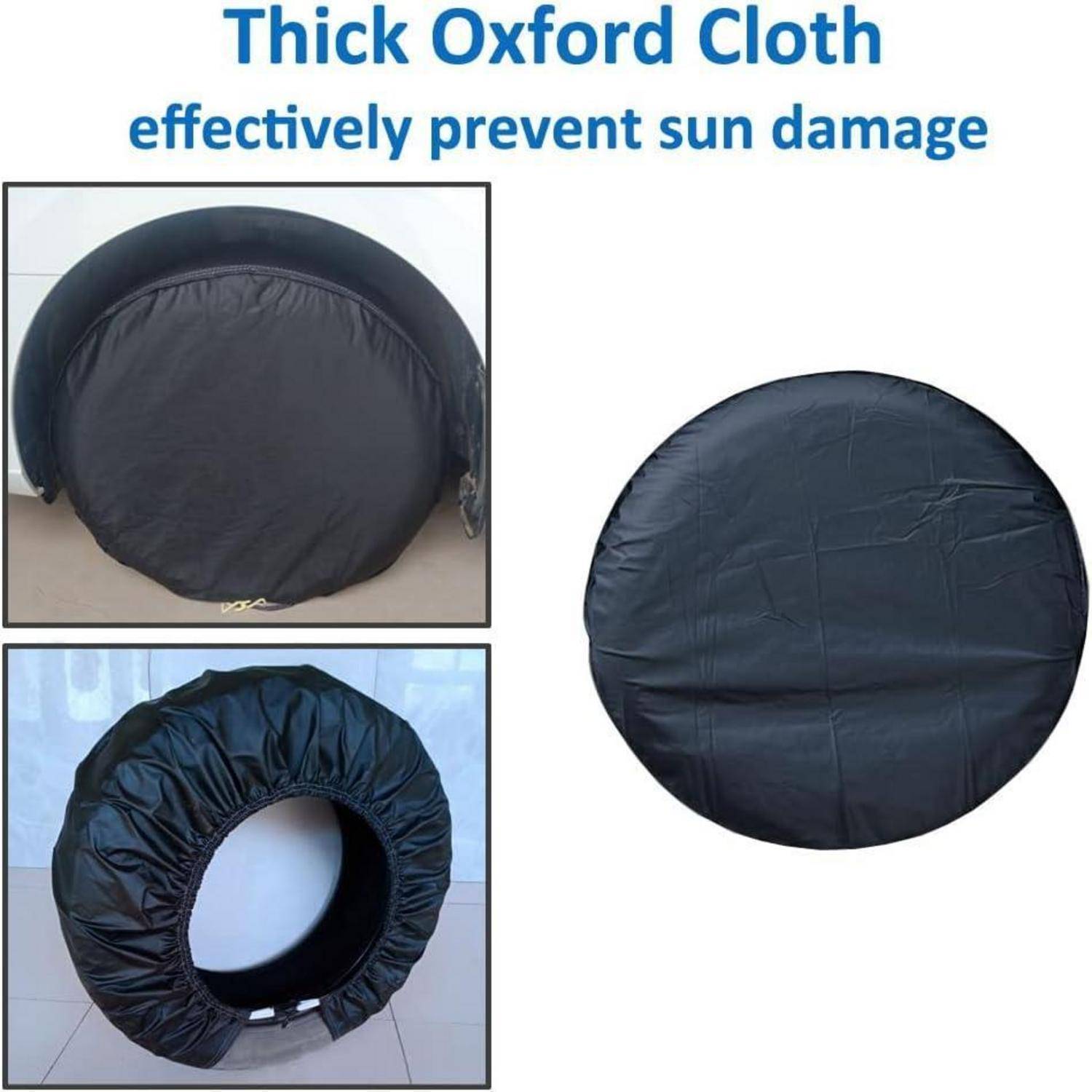 Anzeige mit einer runden schwarzen Oxford-Stoff-Abdeckung, mit Text „Dicker Oxford-Stoff schützt wirksam vor Sonnenschäden", wobei der Sonnenschutz und die Haltbarkeit hervorgehoben werden.