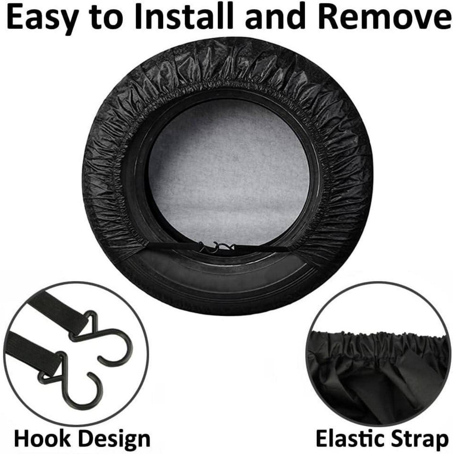 Produktbild einer schwarzen elastischen Reifenabdeckung mit Text "Einfach zu installieren und zu entfernen"", die Nahaufnahmen des Hakensystems und des elastischen Riemens zeigt.