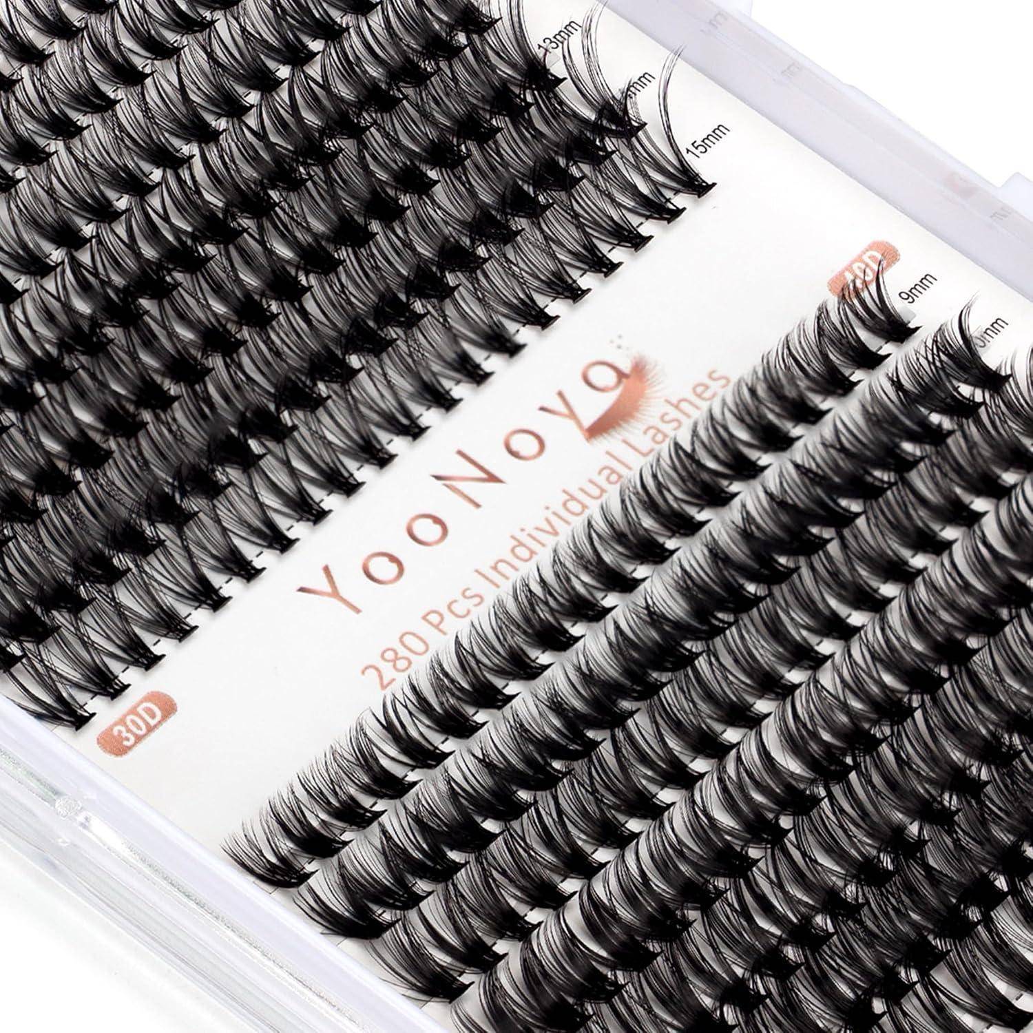 Packung mit künstlichen Wimpernverlängerungen in mehreren Längen, gekennzeichnet mit 'YooNoya' und '280 Stück einzelne Wimpern'.