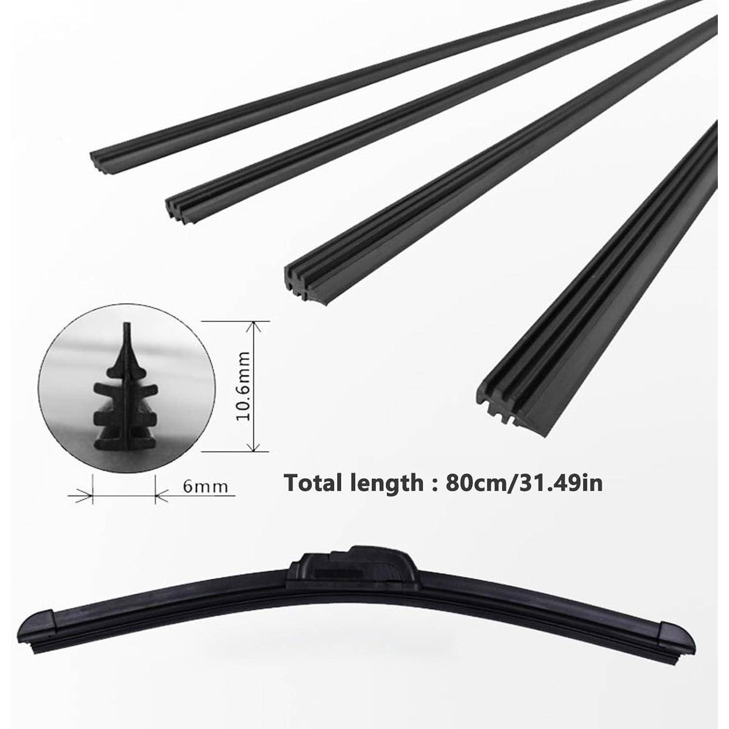 Schwarze Scheibenwischer-Gummistreifen mit Profilausschnitt und Abmessungen: 10,6 mm breit, 6 mm dick, Gesamtlänge 80 cm (31,49 Zoll).