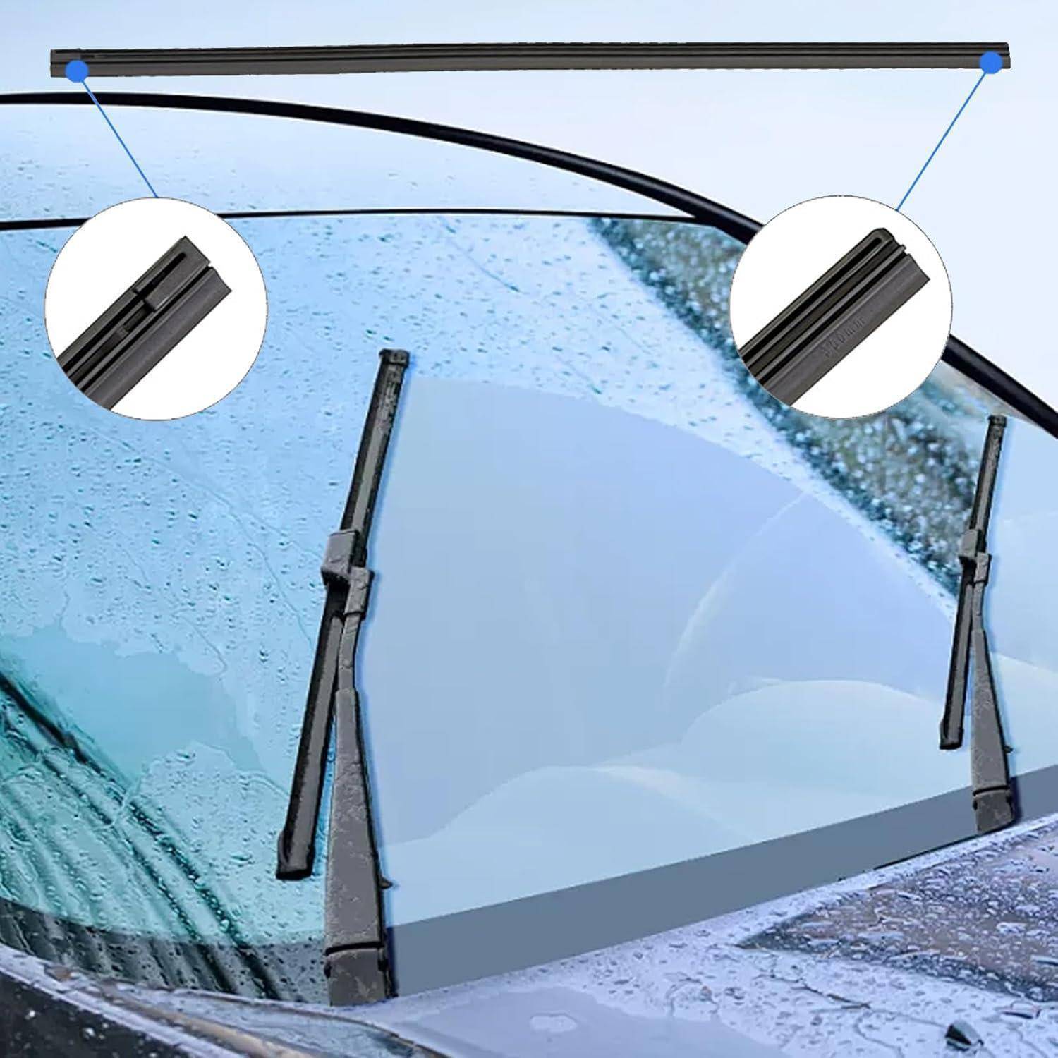 Autoscheibe mit Regen und zwei angehobenen Scheibenwischern, dargestellt als Produktbild, das das Design der Wischerblätter in kreisförmigen Nahaufnahmen hervorhebt.