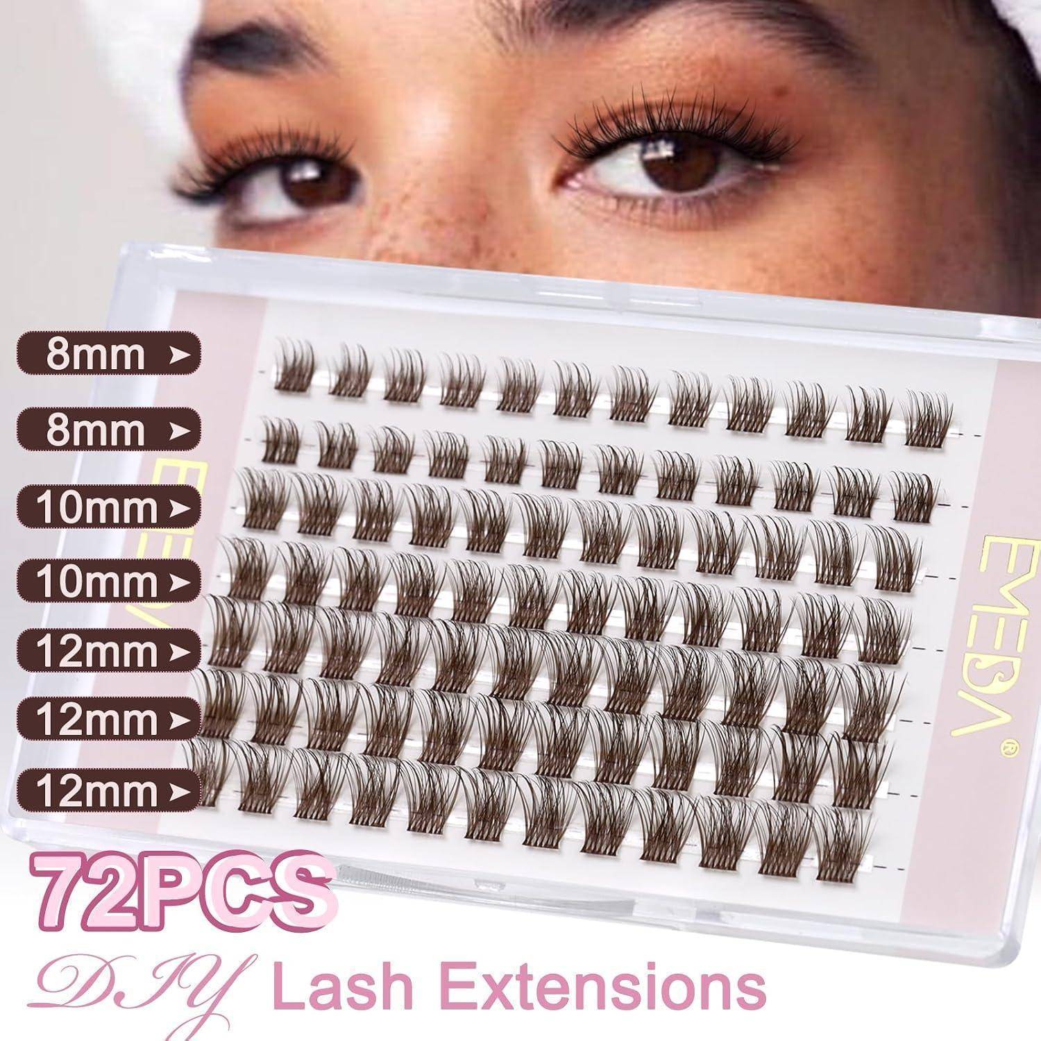 Paket mit 72 DIY-Wimpernverlängerungen in 8 mm, 10 mm und 12 mm Längen, gezeigt über einer Nahaufnahme der Augen einer Frau.