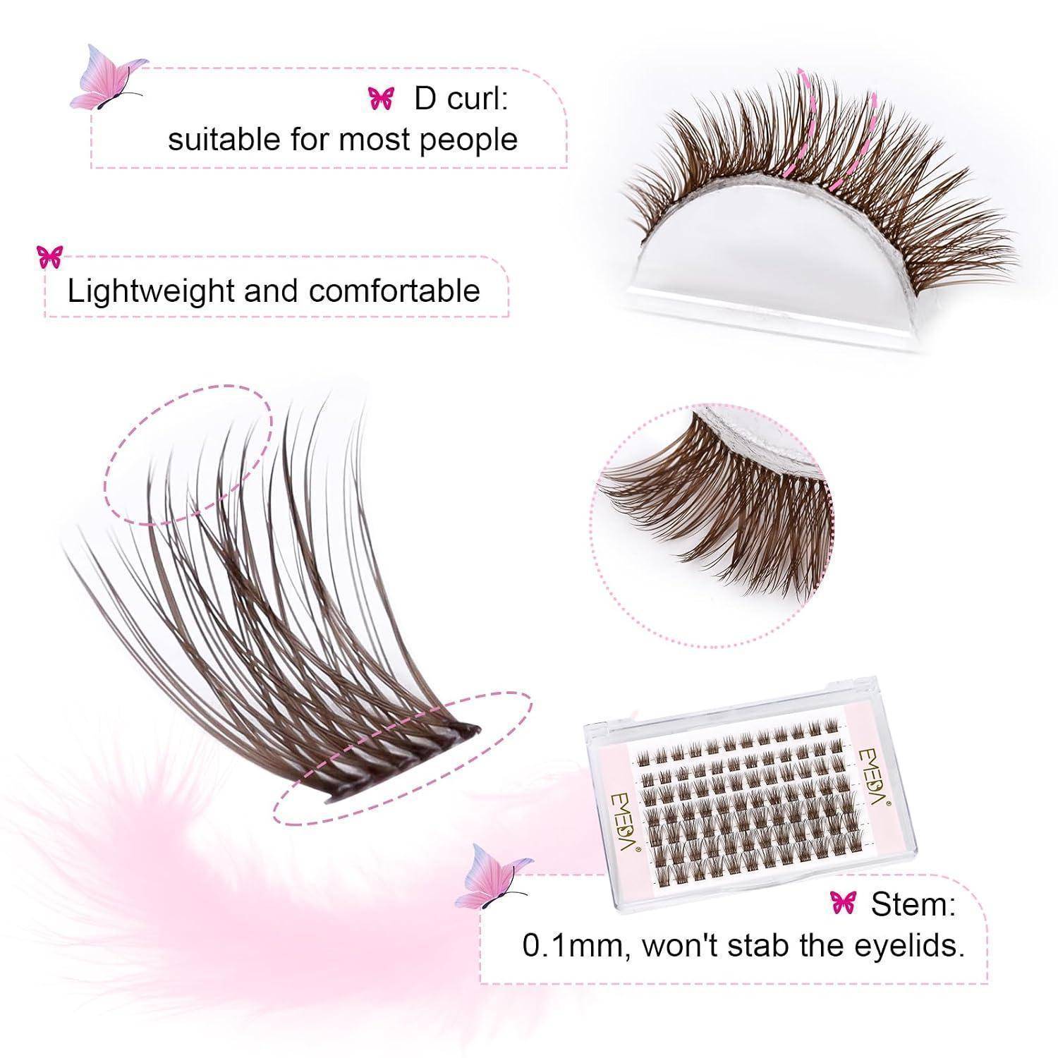 Werbegrafik für künstliche Wimpern mit den Angaben „D-Curl: für die meisten Menschen geeignet
