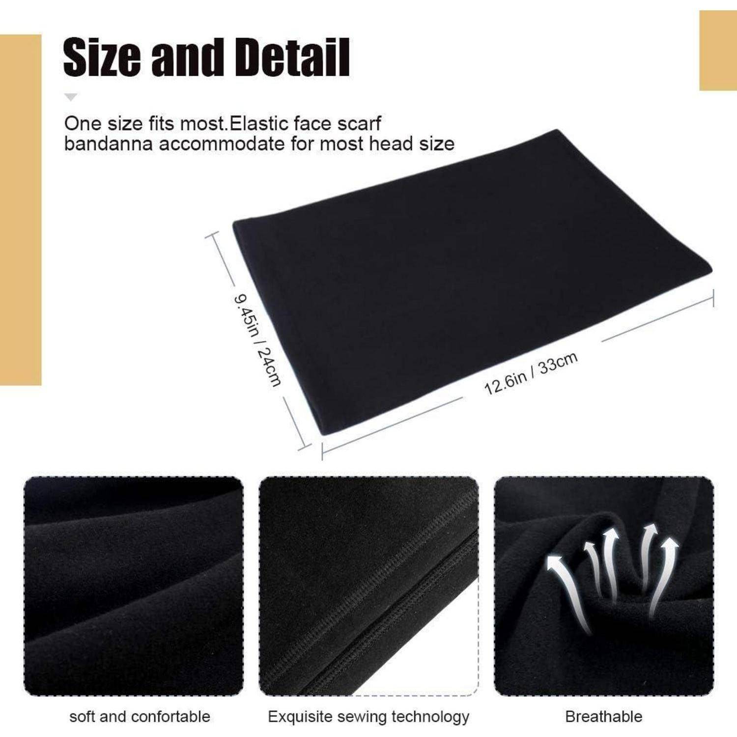 Größen- und Detailgrafik für ein schwarzes elastisches Gesichts-Kopftuch Bandana mit Angaben von 12,6 x 9,45 Zoll und Nahaufnahmen von weichem Stoff, Nähten und Atmungsaktivität.