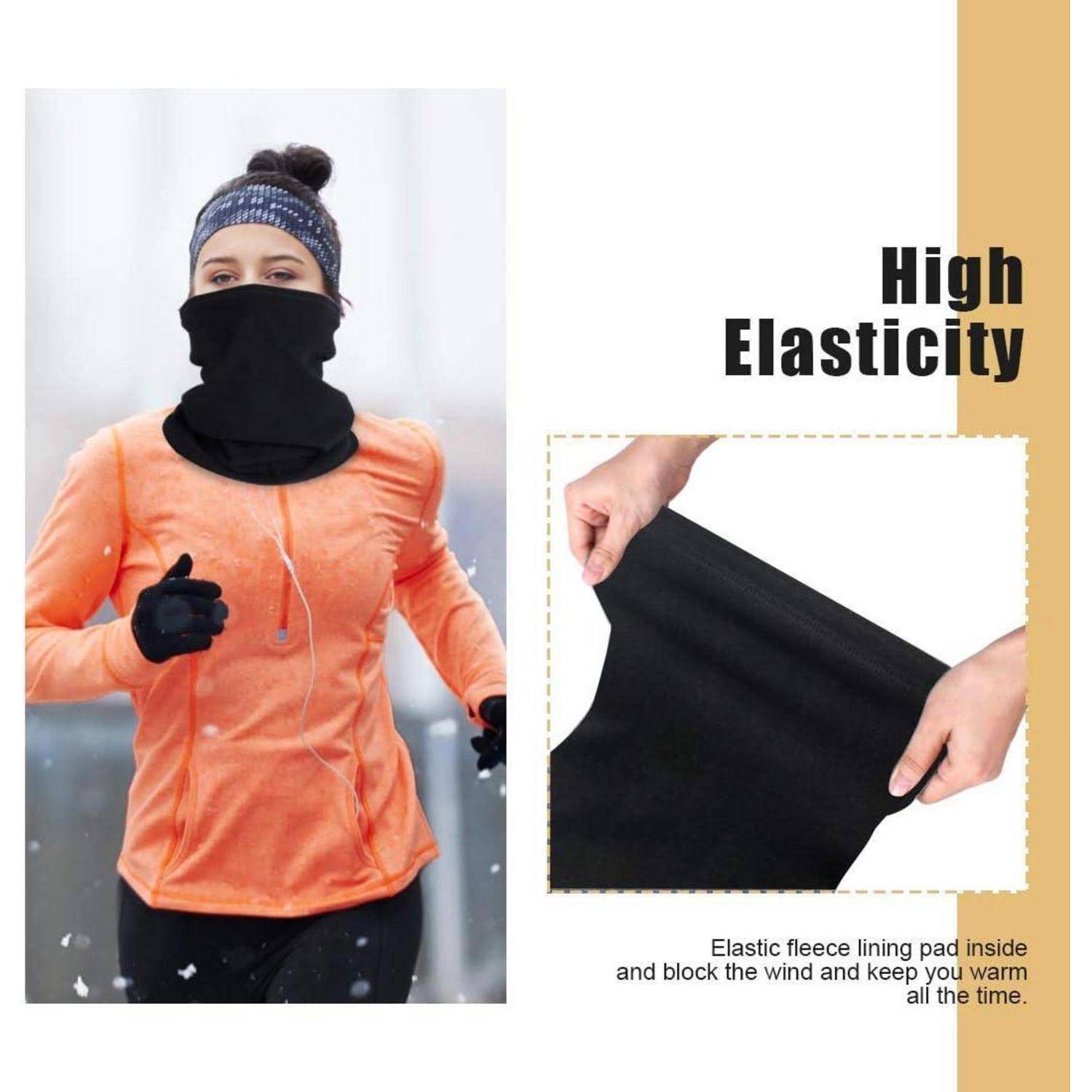 Frau, die draußen im Winter joggt und dabei ein oranges Oberteil und eine schwarze Gesichtsmaske trägt, neben einer Nahaufnahme von dehnbarem schwarzen Stoff mit der Beschriftung „Hohe Elastizität".