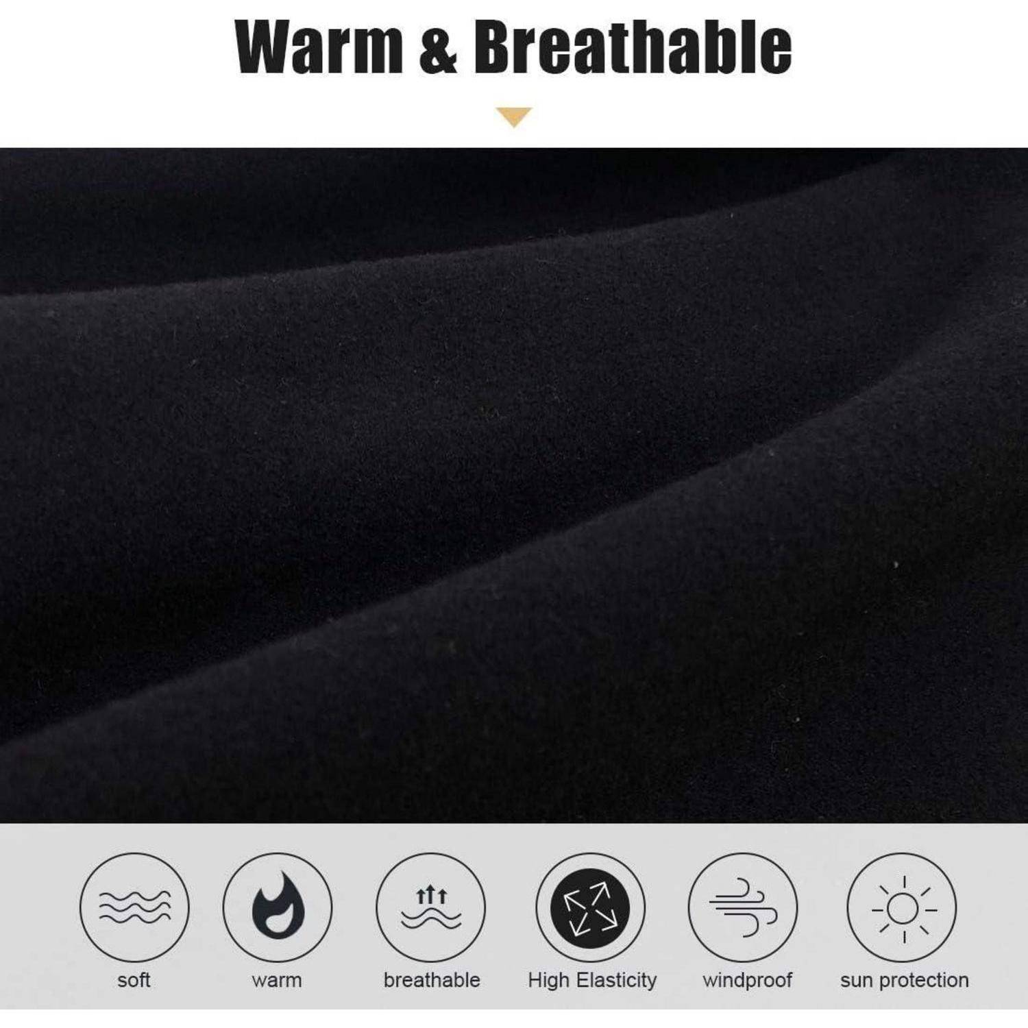 Schwarzes Stoffmuster mit der Bezeichnung „Warm & Atmungsaktiv" mit Symbolen für weich, warm, atmungsaktiv, hohe Elastizität, winddicht und UV-Schutz.
