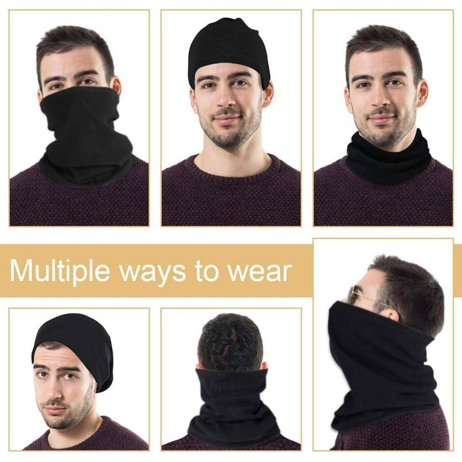 Infografik, die mehrere Möglichkeiten zeigt, wie man einen schwarzen Halstuch und eine Beanie an einem Mann trägt, mit Vorder-, Seiten- und Rückansichten.