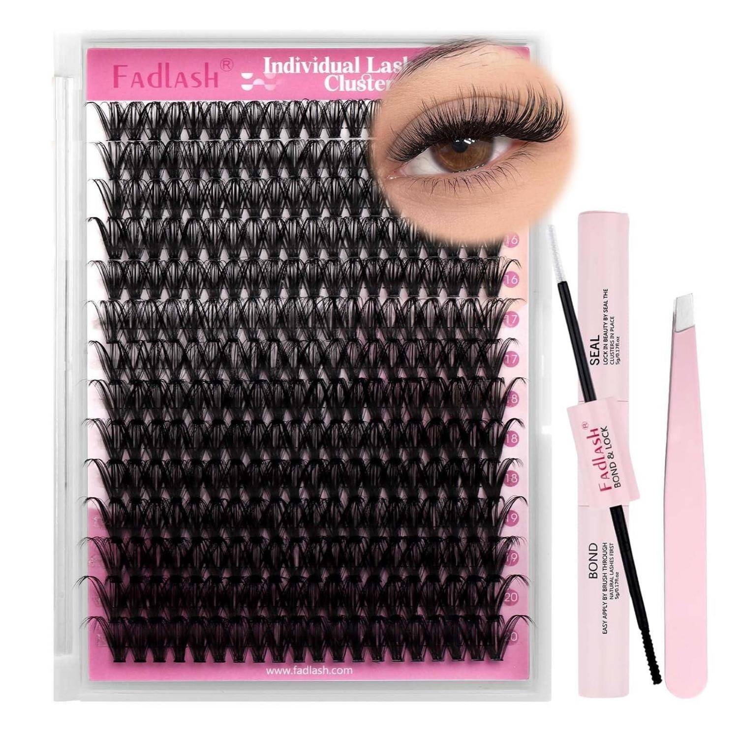 Paket mit Fadlash-Einzelwimpernbüscheln mit Applikatorwerkzeugen und einer Nahaufnahme des Auges, die die Wimpernverlängerungseffekt zeigt.