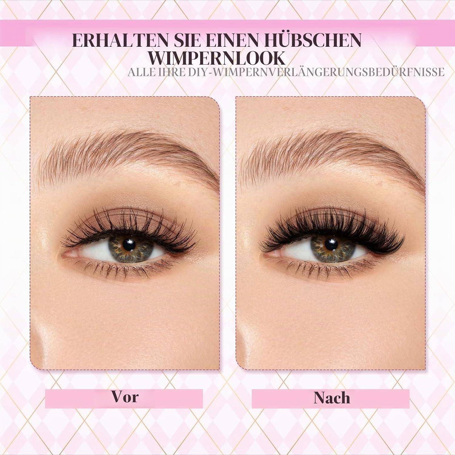 Werbebilder von vorher und nachher eines Auges mit längeren, volleren Wimpernverlängerungen; die Beschriftungen lauten „Vor