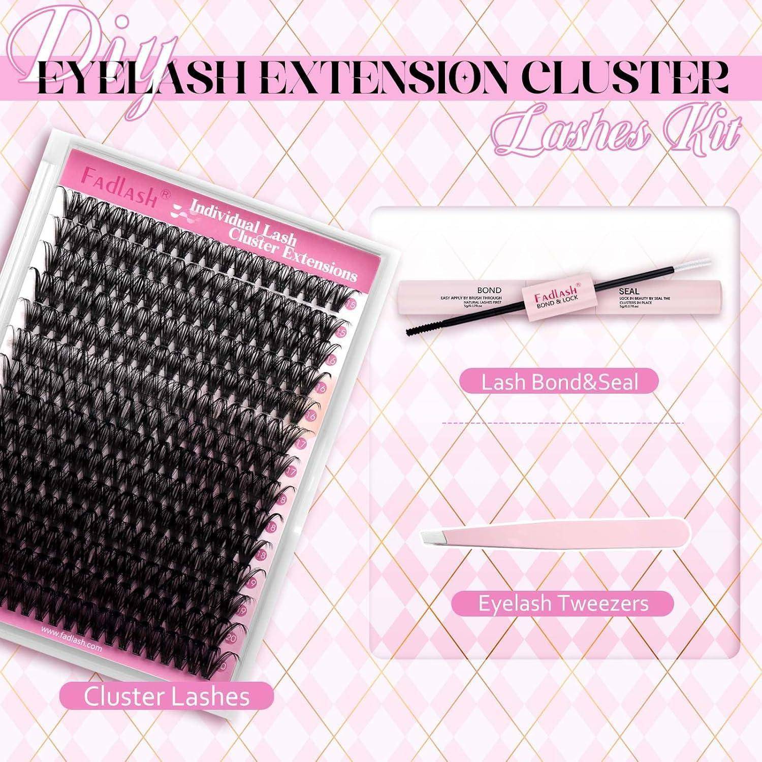 Rosa Werbegrafik für ein Wimpernverlängerungs-Cluster-Set, das Cluster-Wimpern, ein Röhrchen mit Lash-Bond und Seal mit Applikatorstab und rosa Wimpernpinzetten zeigt.