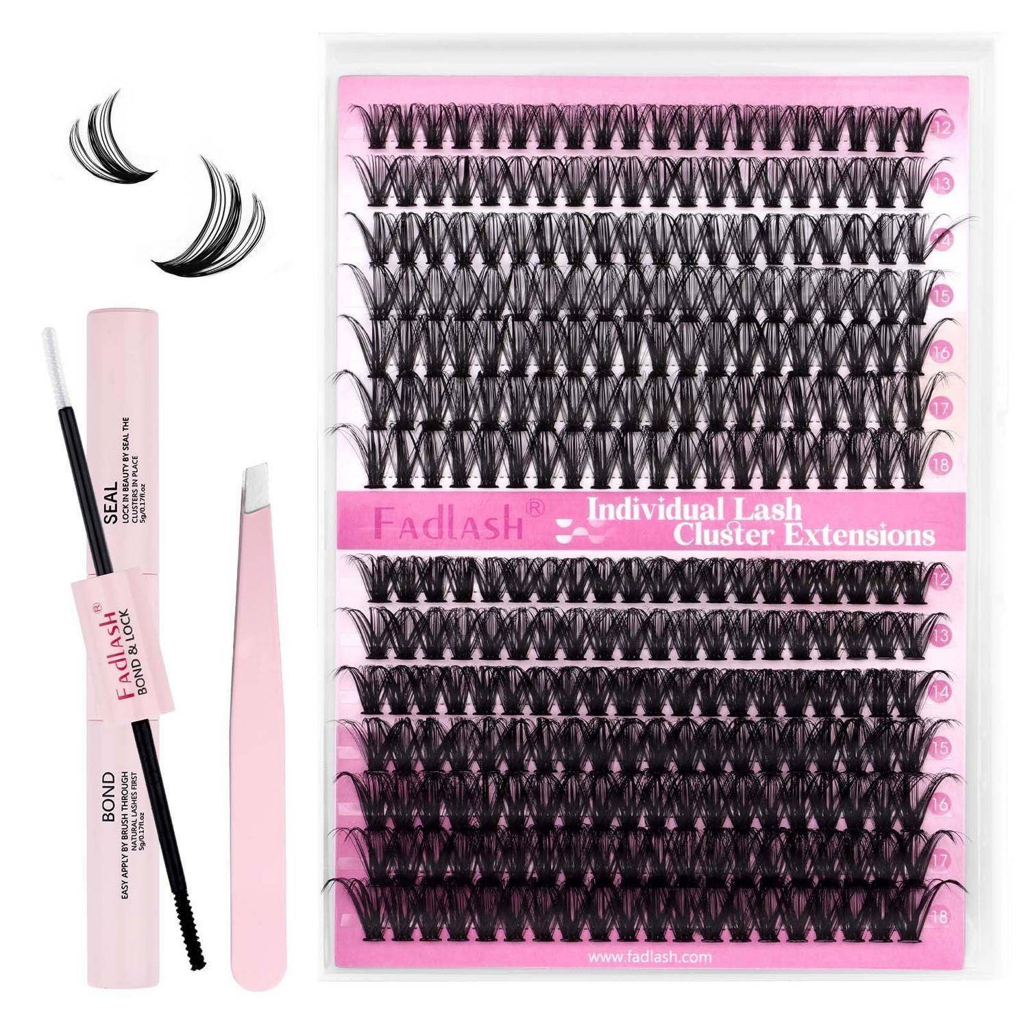 Verpackung für Fadlash-Wimpernbüschel-Extensionen mit mehreren Wimpernstreifen und einem Applikator-Werkzeug