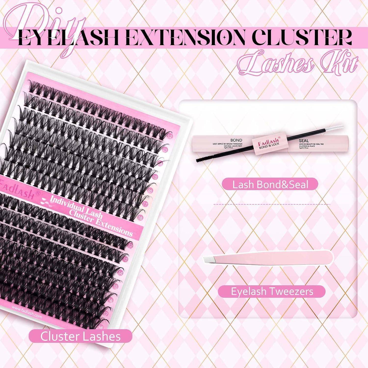 Werbebild für Wimpernverlängerungs-Cluster-Wimpern und Kit, das ein Tablett mit Cluster-Wimpern, eine Tube Wimpernkleber und Versiegelung sowie eine Wimpernpinzette auf rosa Hintergrund zeigt.