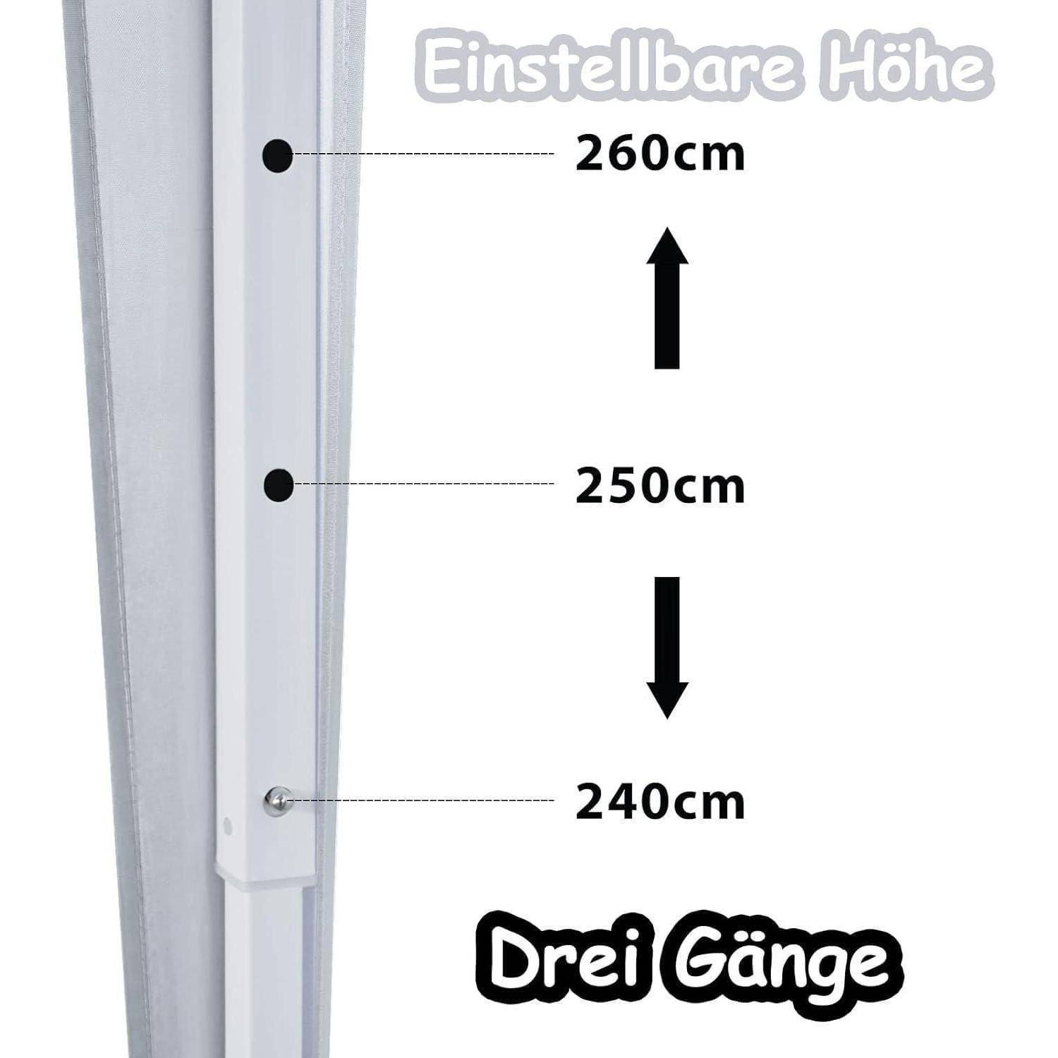 Produktabbildung zeigt einstellbare Höhenfunktion: 'Einstellbare Höhe' mit Einstellungen bei 240 cm, 250 cm und 260 cm, sowie 'Drei Gänge' zur Anzeige von drei Höhenstufen.