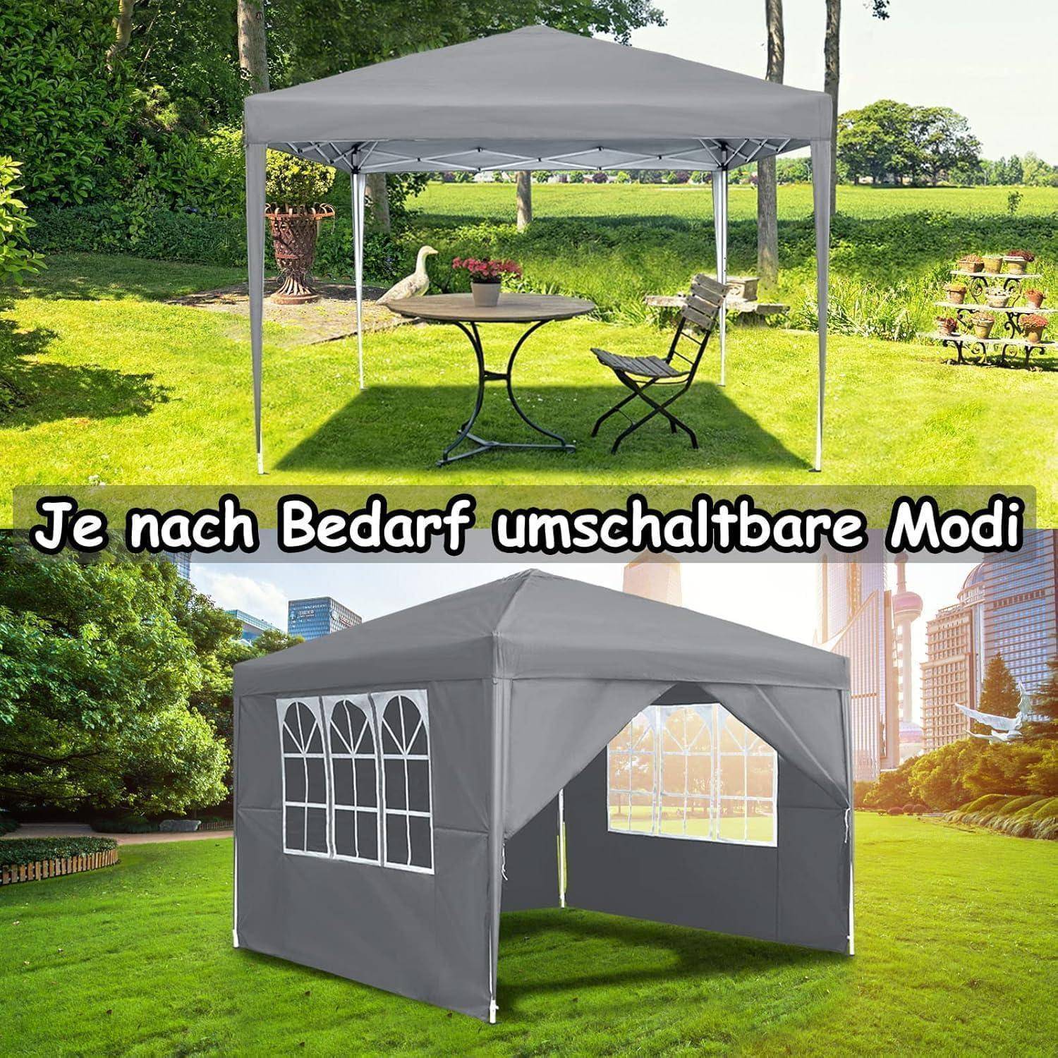 Zwei Ansichten eines grauen tragbaren Pavillons im Freien: eine offene Variante mit Tisch und Stühlen, eine geschlossene Variante mit Seitenwänden und Fenstern; der Text lautet „Je nach Bedarf umschaltbare Modi".