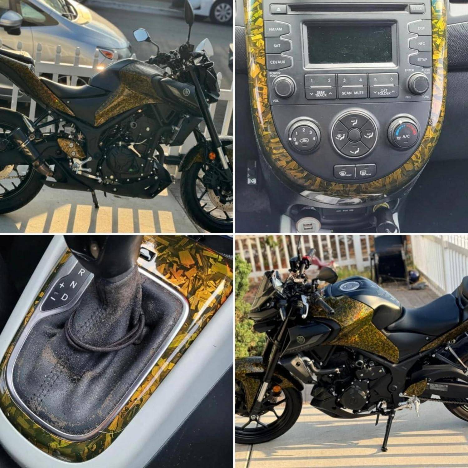Collage eines schwarzen Motorrads mit goldenem Camouflage-Wrap, das das Motorrad-Äußeres, die mittlere Konsole und den manuellen Schaltschebel zeigt.