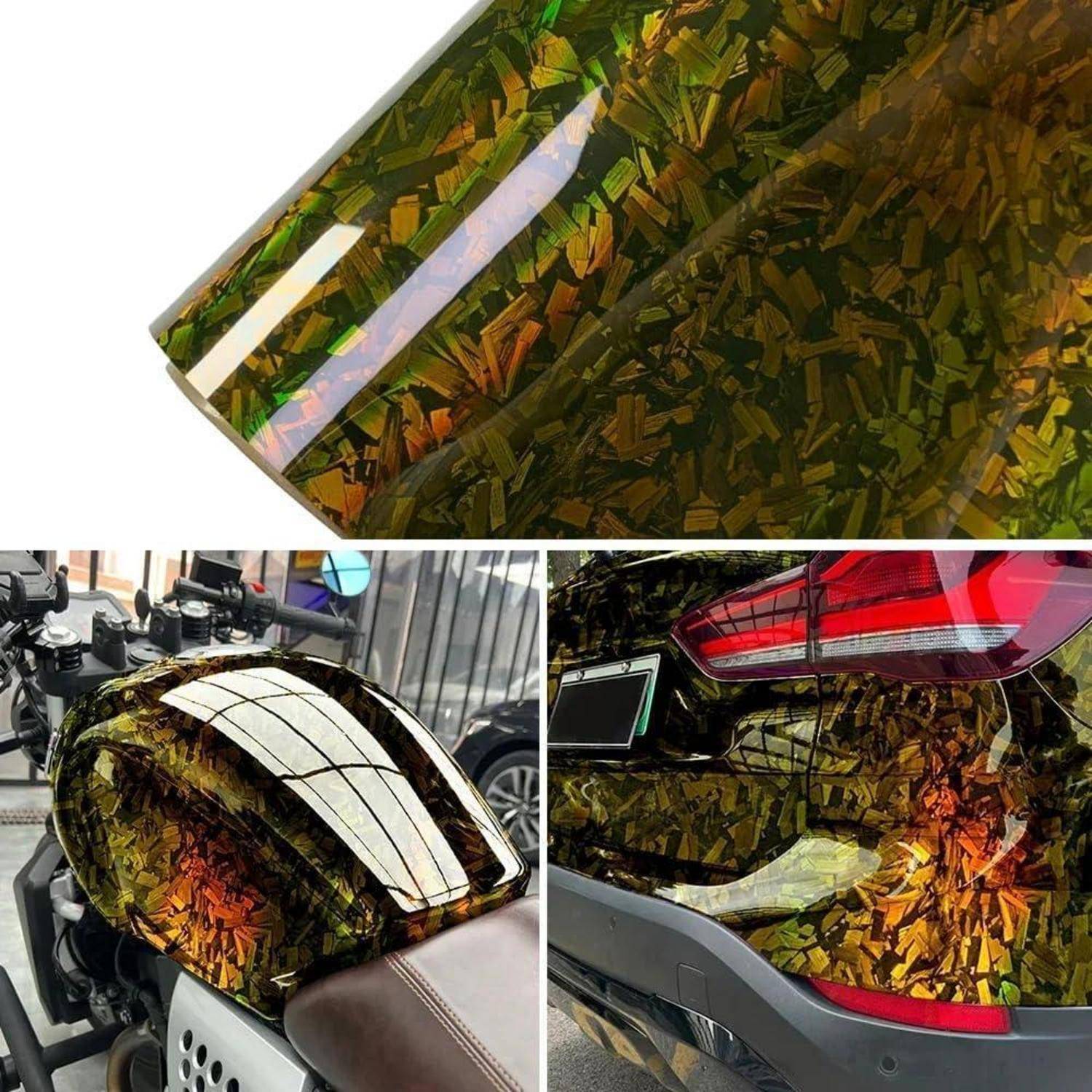 Glänzendes gold-braunes Mosaikmuster-Autofolien-Design in Nahaufnahme, angebracht an einem Motorrad-Benzintank und der Rückseite eines Autos.