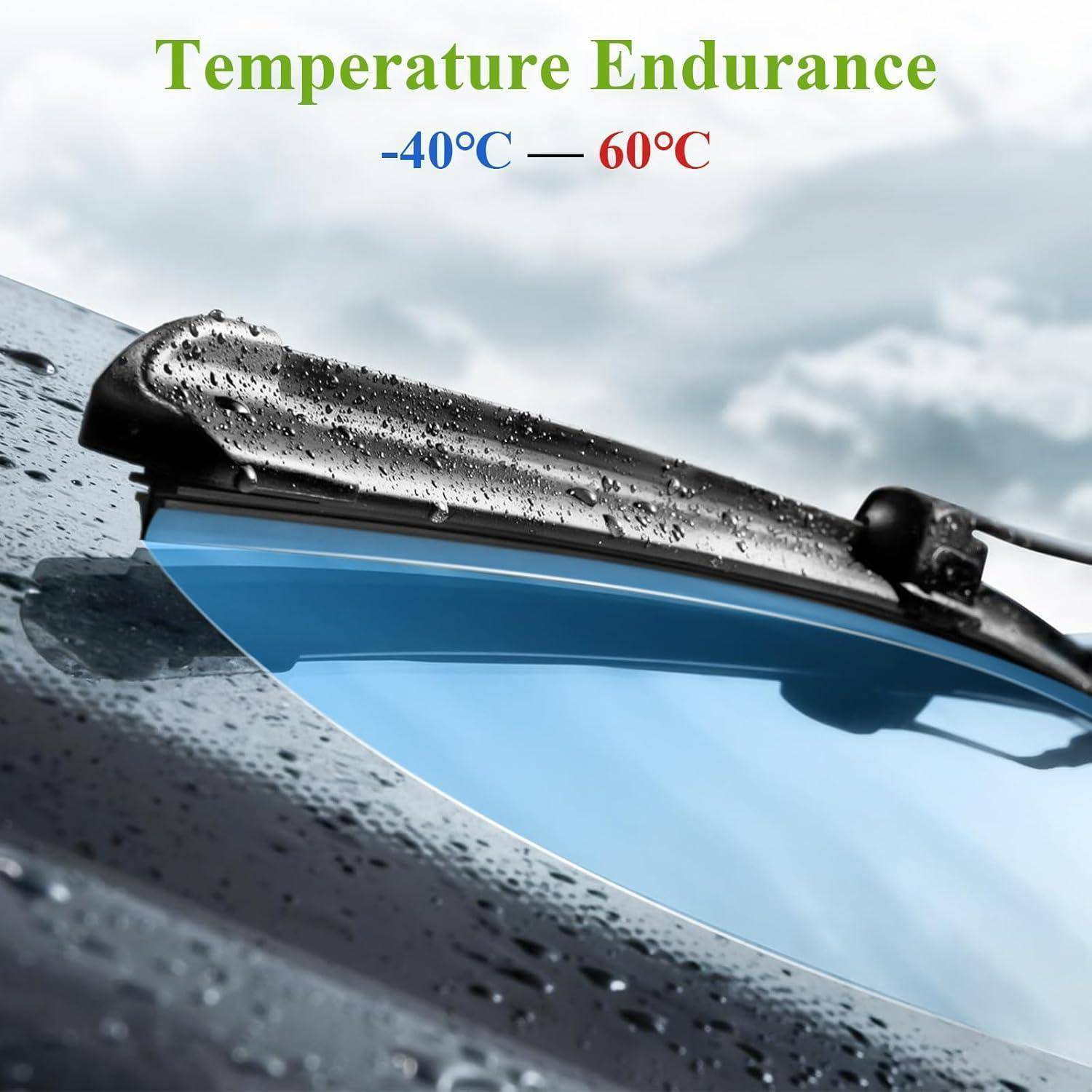 Nahaufnahme eines Scheibenwischers auf einem regennassen Autofenster mit dem Text „Temperaturbeständigkeit -40°C—60°C