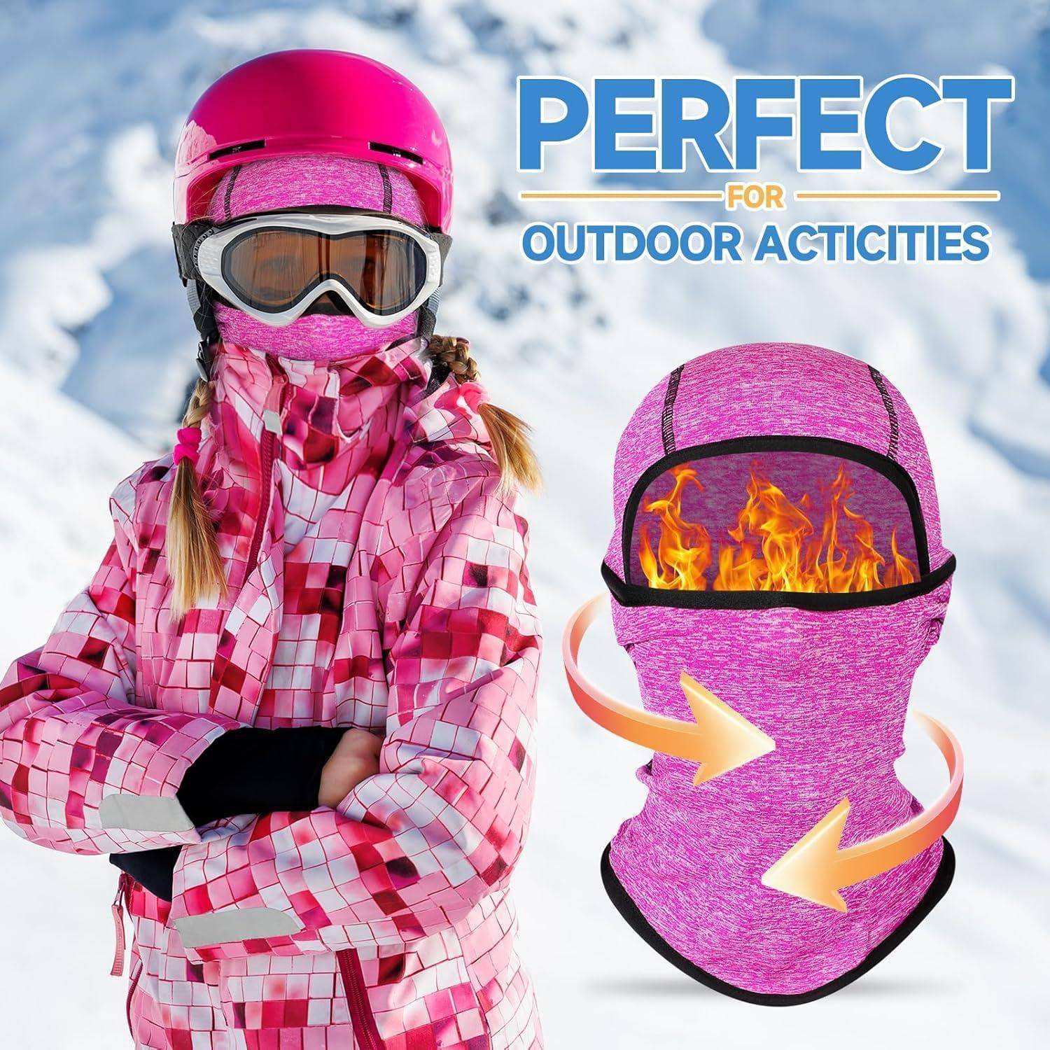 Kind in rosa Skibekleidung im Schnee stehend; Anzeigentext besagt „PERFEKT FÜR OUTDOOR-AKTIVITÄTEN
