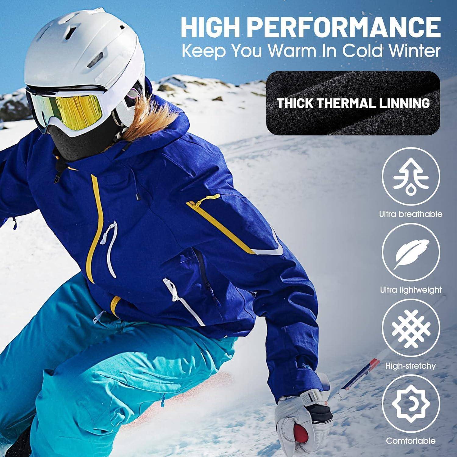 Skifahrer in blauer Winterjacke und Helm auf verschneitem Hang, mit Anzeigentext „HIGH PERFORMANCE" und Funktionsmerkmalen für dicke Wärmefütterung, Atmungsaktivität, Leichtgewicht, Elastizität und Komfort.