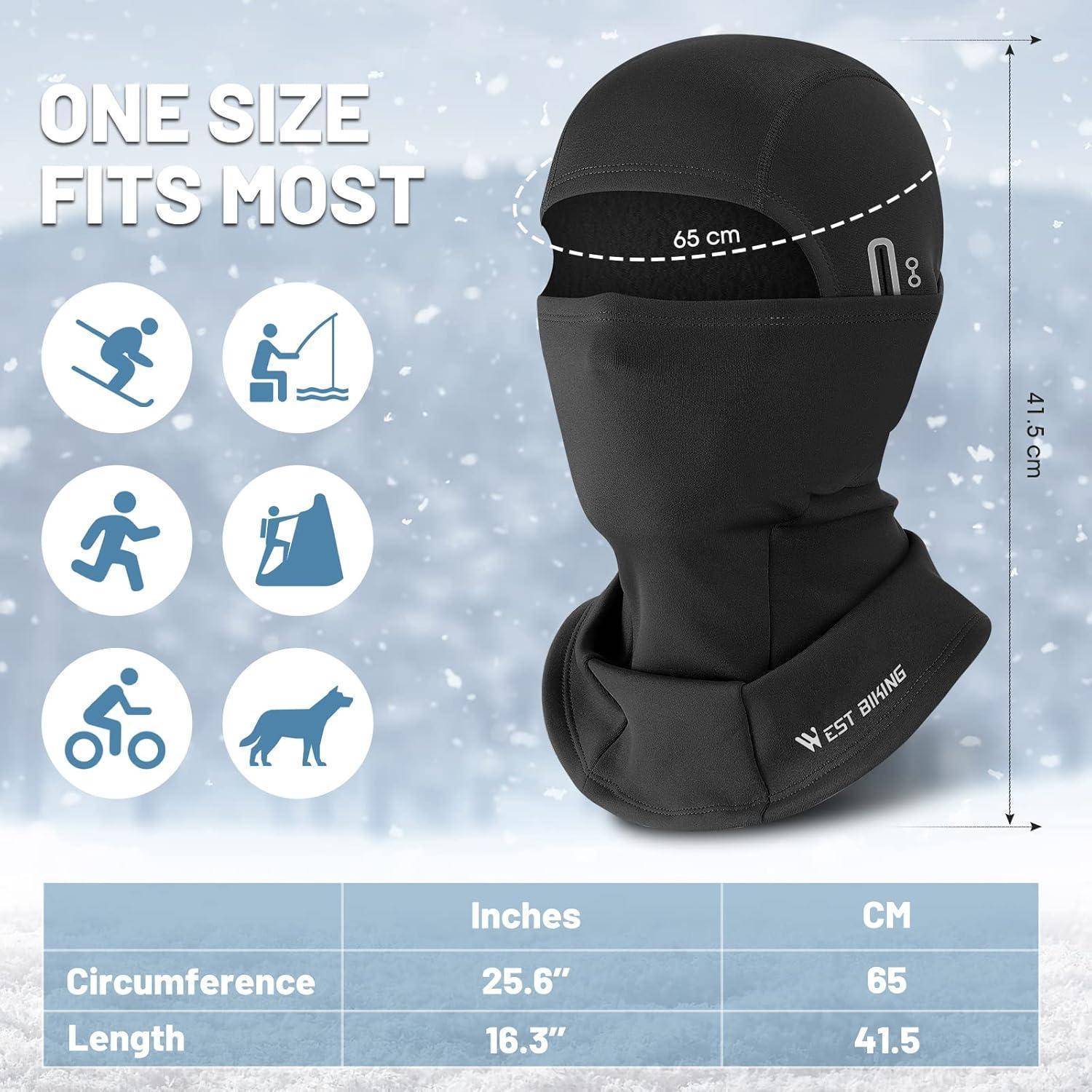 Schwarze Sturmhaube mit Vollgesichtsbedeckung und der Aufschrift „ONE SIZE FITS MOST"; passt auf 65 cm Umfang und 41,5 cm Länge, gezeigt mit Sportikonen und Größentabelle.