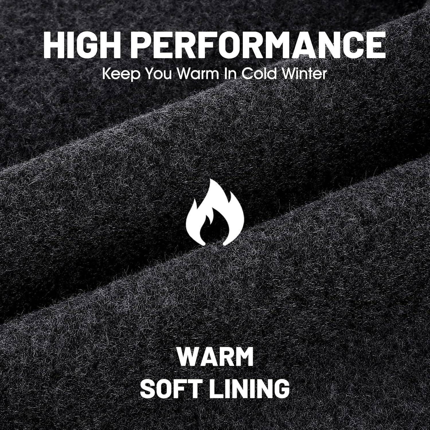 Werbegrafikanlage für ein Winterkleidungsstück mit der Aufschrift „HOHE LEISTUNG", „Hält Sie Im Kalten Winter Warm"" und „WARME WEICHE FÜTTERUNG"" mit einem Flammensymbol auf dunklem Stoff.