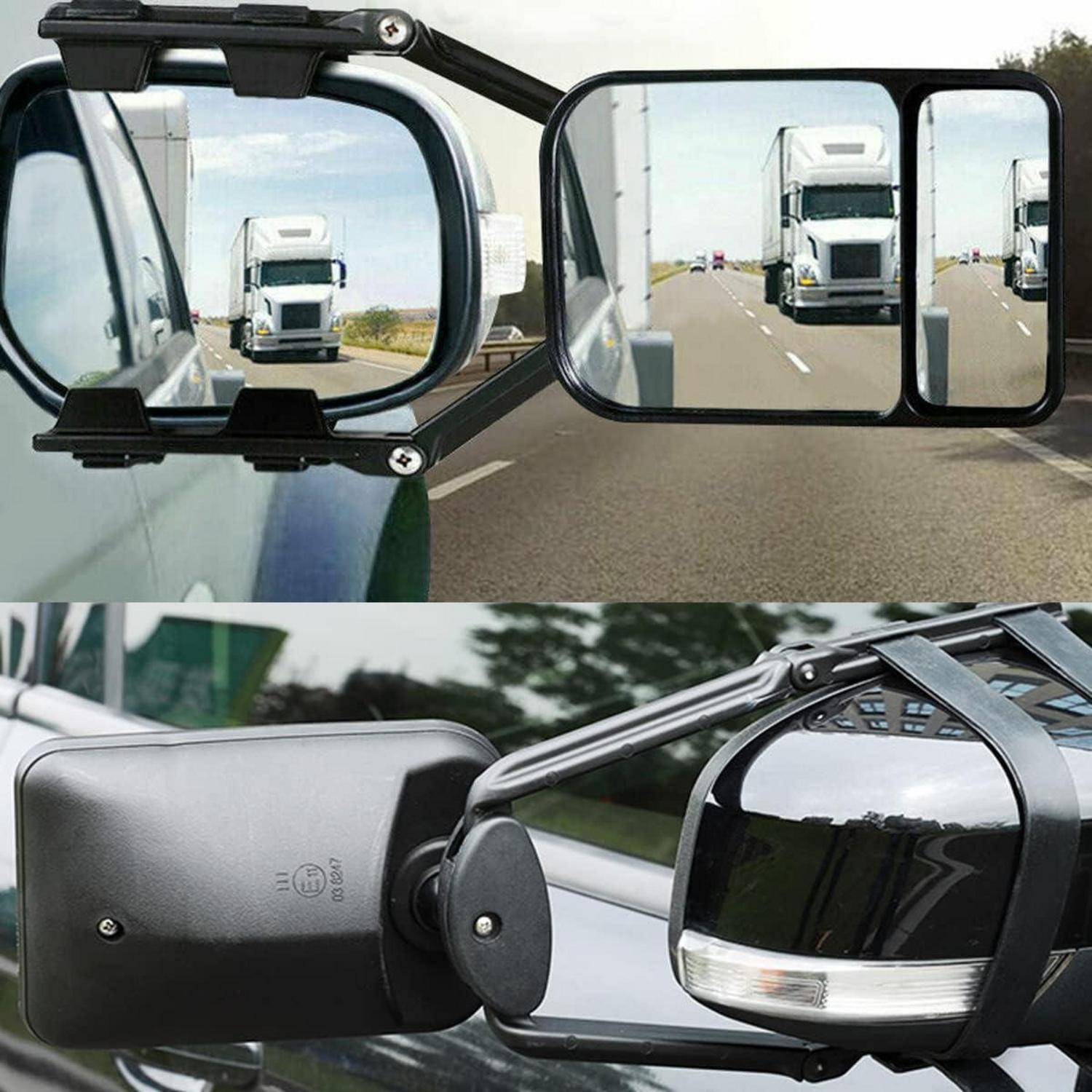 Seitenspiegel eines Lastwagens zeigen einen weißen Sattelzug dahinter auf der Autobahn, was Weitwinkel-Abschlepppspiegel zur verbesserten Rücksicht zeigt.