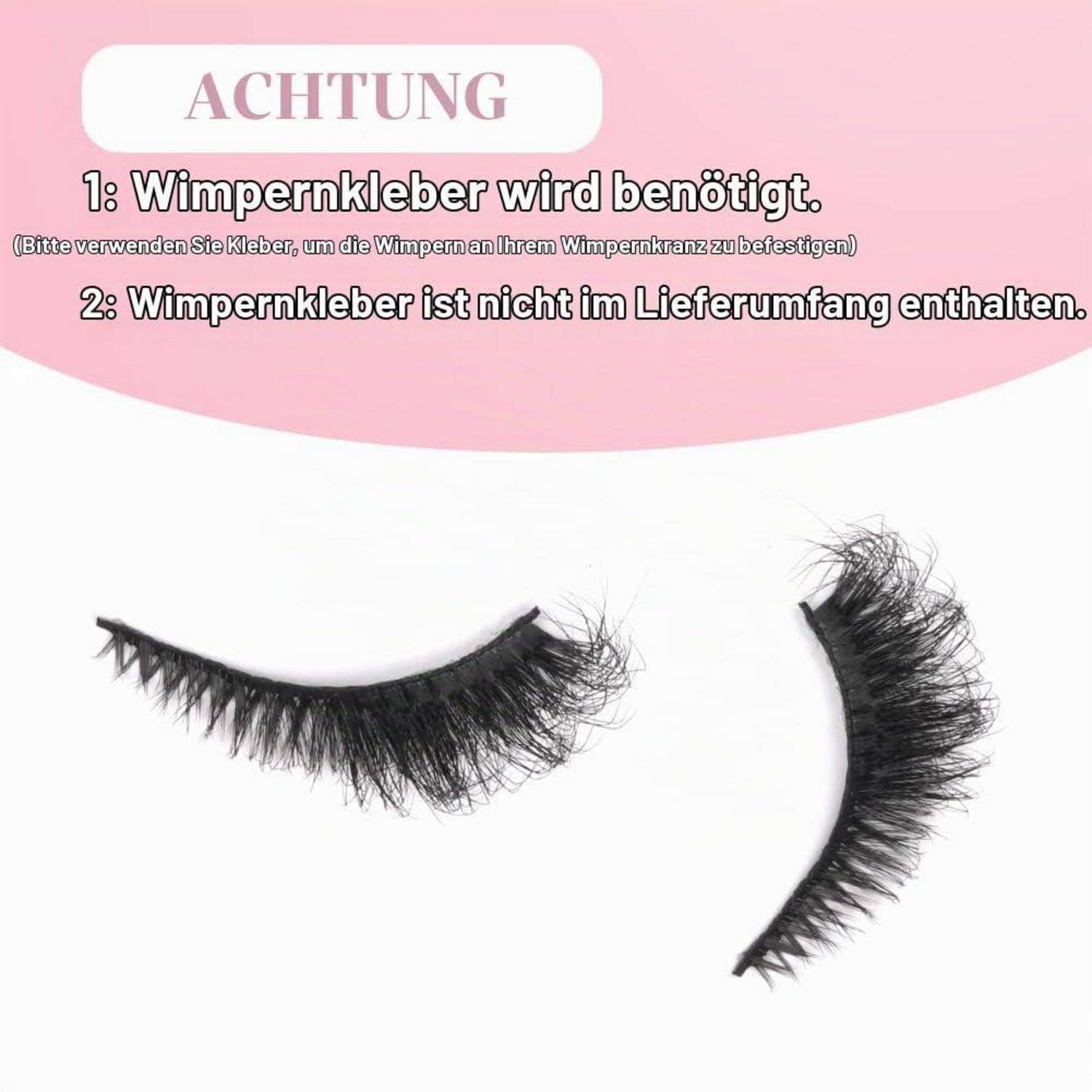 Warnung auf Deutsch besagt, dass Wimpernkleber erforderlich ist und nicht enthalten ist; Das Bild zeigt ein Paar Kunstwimpern auf weißem Hintergrund.