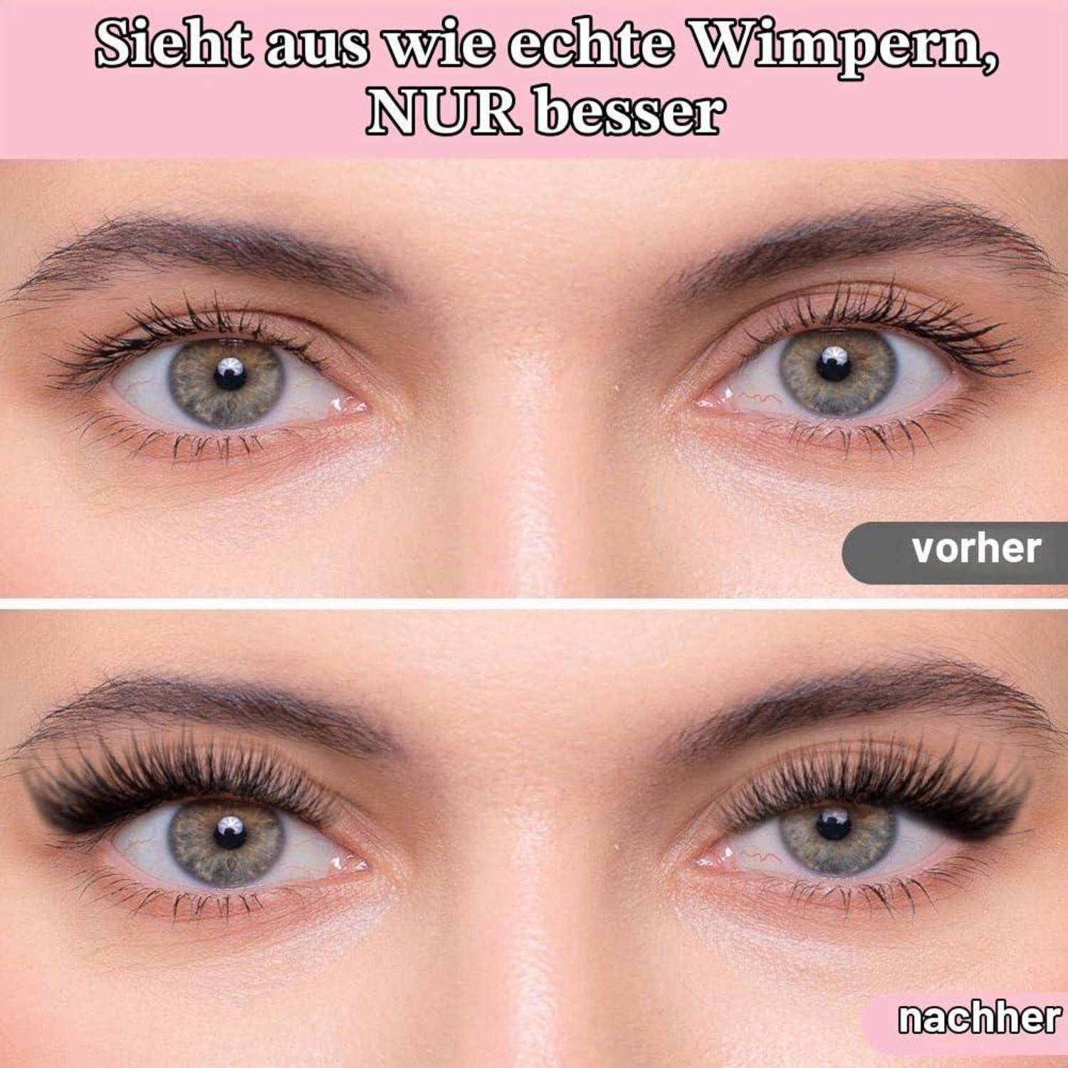 Vorher-Nachher-Nahaufnahme von Augen, die natürliche Wimpern im Vergleich zu volleren, künstlich wirkenden Wimpern zeigen; Text sagt „Sieht aus wie echte Wimpern, nur besser