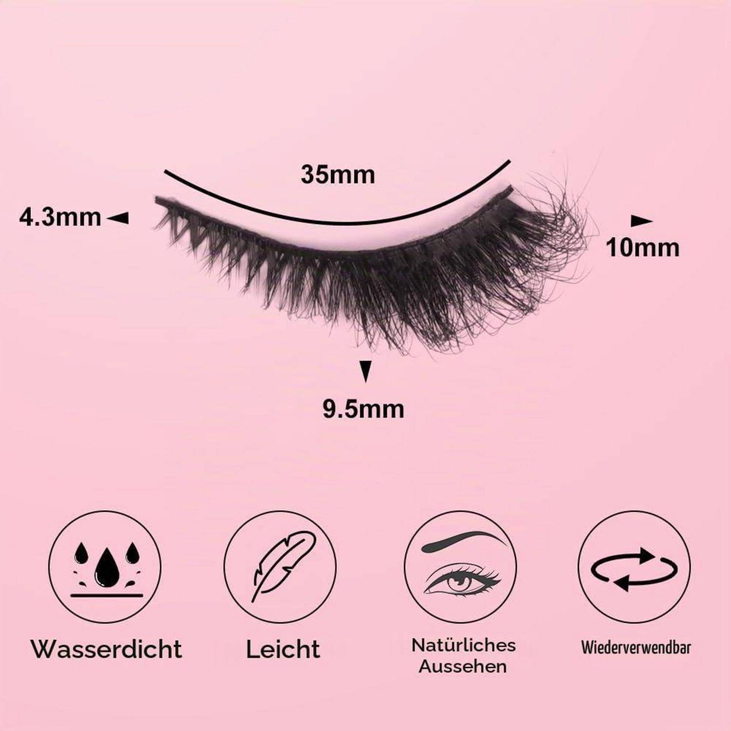 Schwarze falsche Wimpern auf rosa Hintergrund, beschriftet mit 35mm, 10mm, 9,5mm und 4,3mm; Symbole zeigen wasserfest, leicht, natürliches Aussehen, wiederverwendbar.