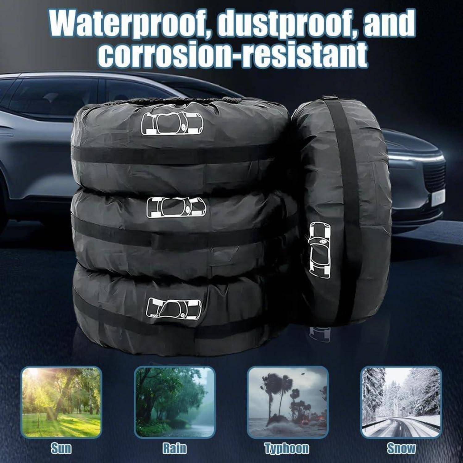 Gestapelte schwarze wasserdichte Lagertaschen neben einem Auto mit der Aufschrift „Wasserdicht, staubdicht und korrosionsbeständig" sowie Wettersymbole für Sonne, Regen, Taifun und Schnee.