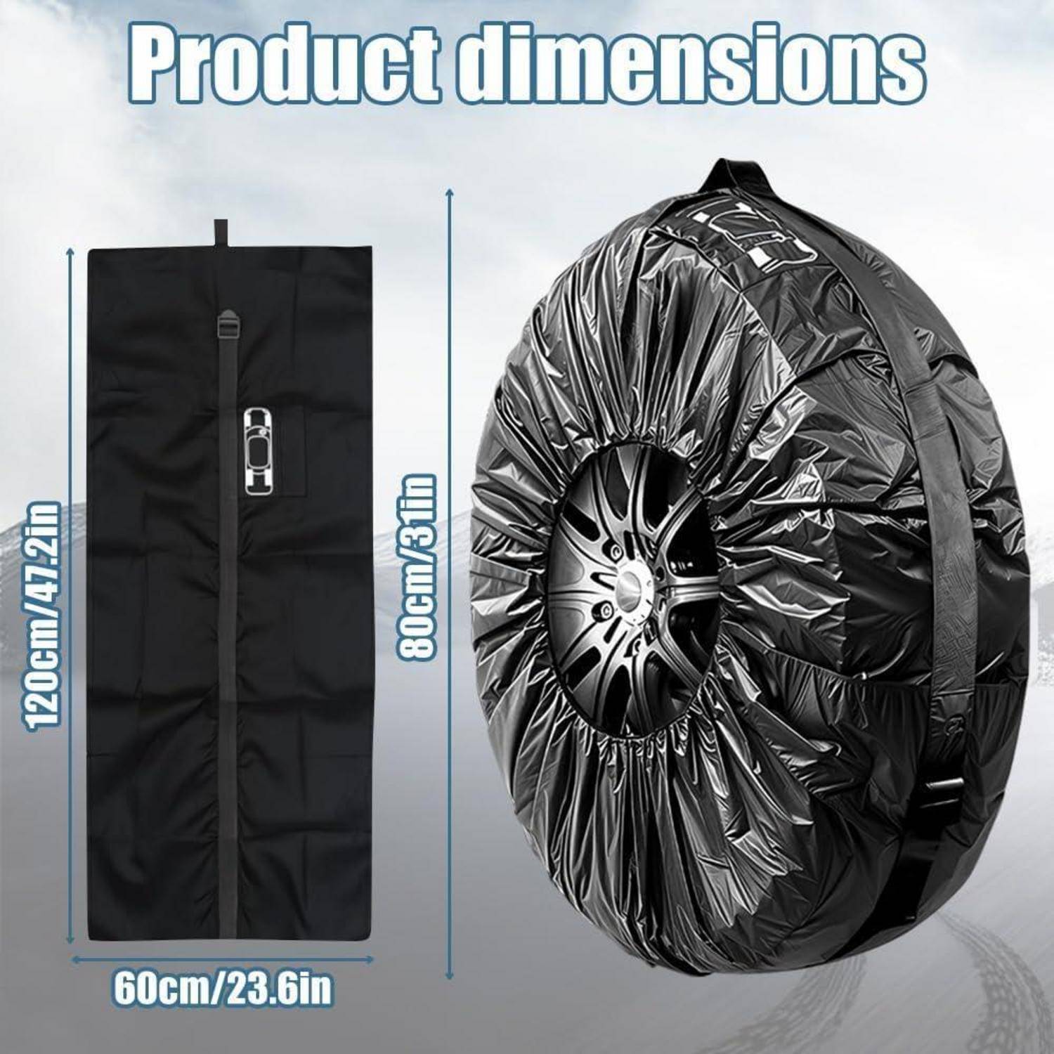 Produktabmessungen für eine Reifenabdeckung: 120 cm x 60 cm flach, 80 cm Durchmesser wenn über einem Rad angebracht.