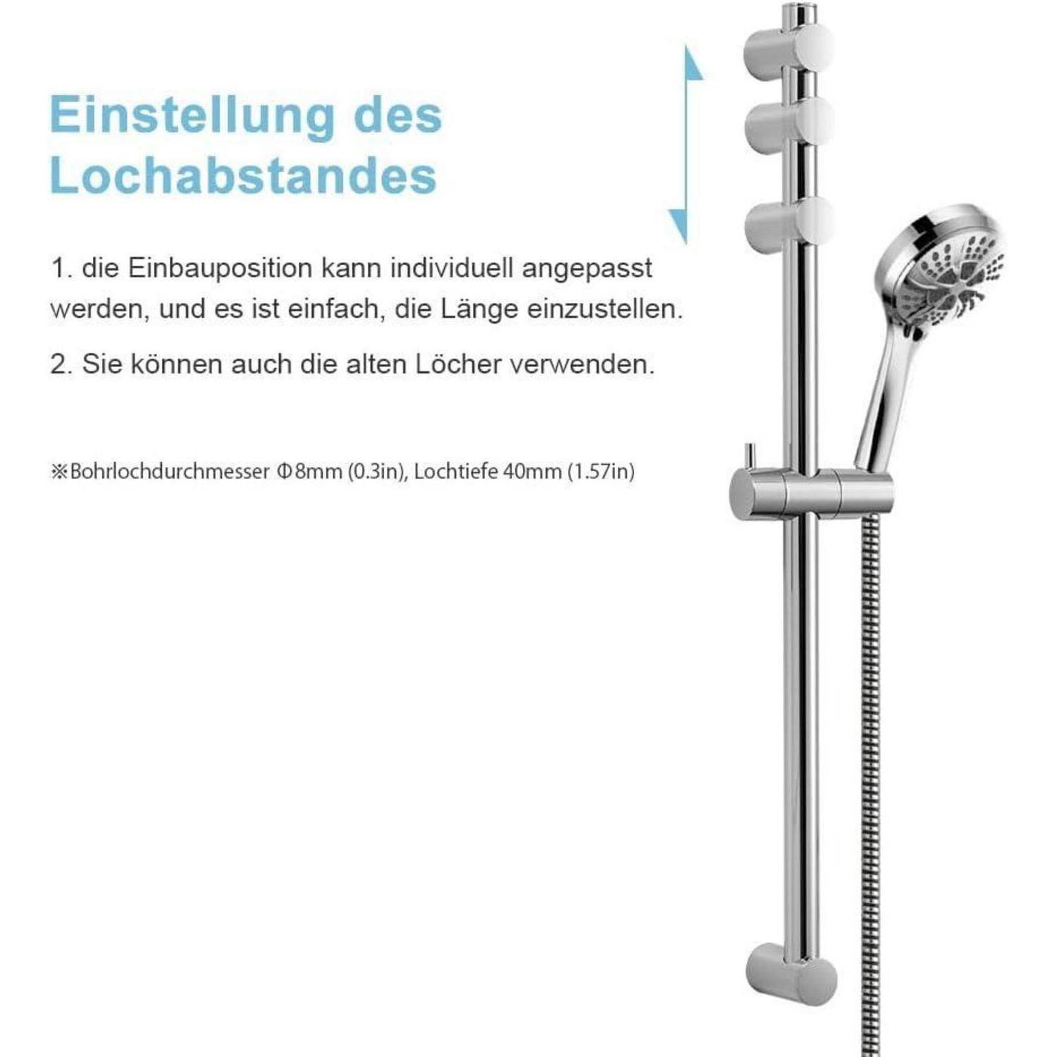 Illustration der verstellbaren Brausestangehöhe, mit der Beschriftung „Einstellung des Lochabstandes
