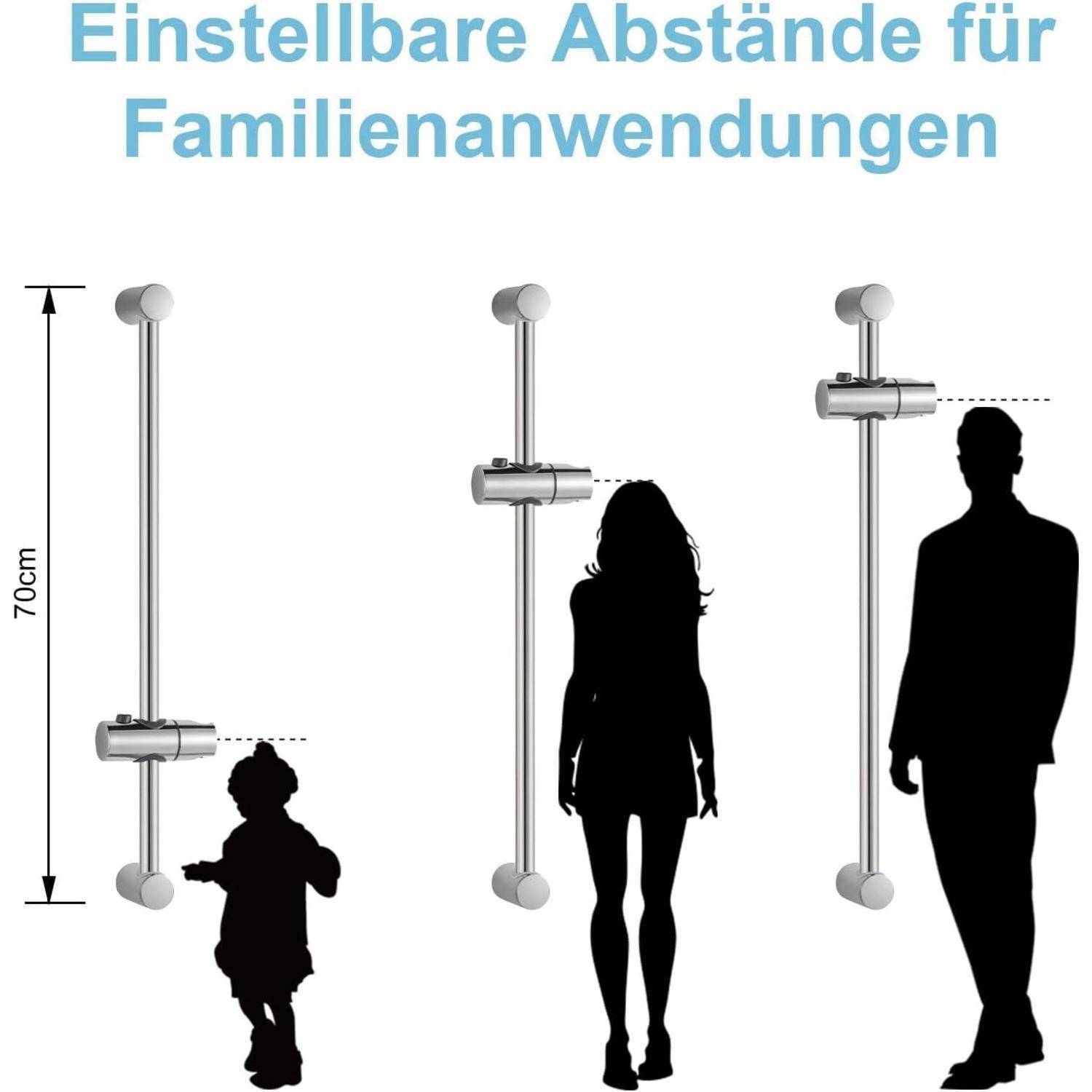 Diagramm, das verstellbare Abstände für Aufhängungsanwendungen zeigt, mit einem Vertikalbereich von 70 cm und drei menschlichen Silhouetten, die verschiedene Aufhänghöhen für ein Kind, eine Frau und einen Mann angeben.