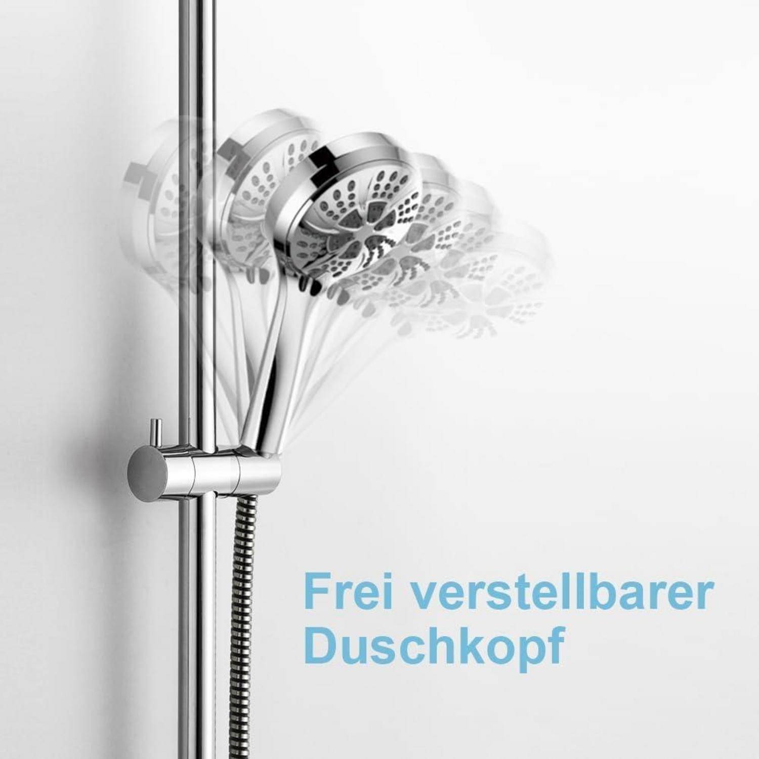 Frei verstellbarer Duschkopf mit mehreren Sprühpositionen; der Text besagt „Frei verstellbarer Duschkopf