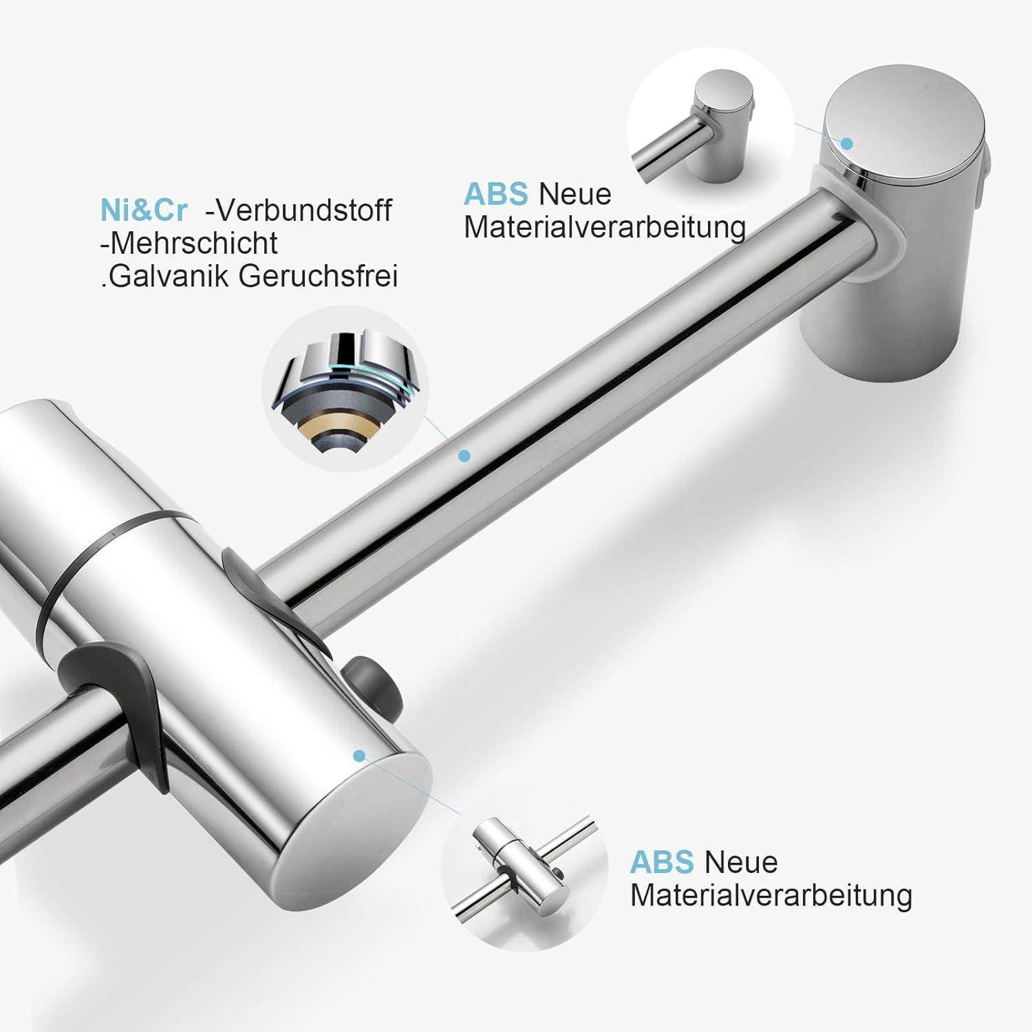 Werbediagramm eines Chromwasserhahns mit Hervorhebung der Ni&Cr-Mehrschichtbeschichtung und ABS-Neuwerkstoffe, mit beschrifteten Detailvergrößerungen.