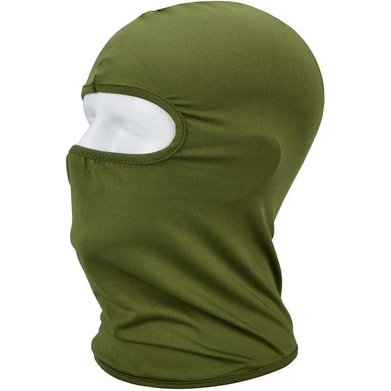 Olivgrüne Sturmhaube/Skimaske, die Kopf und Nacken bedeckt, mit einer Öffnung für die Augen.