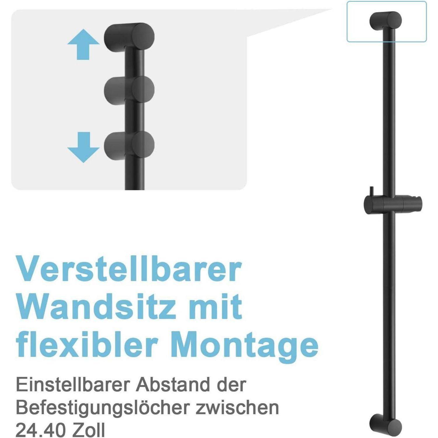 Verstellbare Wandhalterung mit flexibler Installation; der Text besagt, dass der verstellbare Lochabstand zwischen 24 und 50 cm liegt.