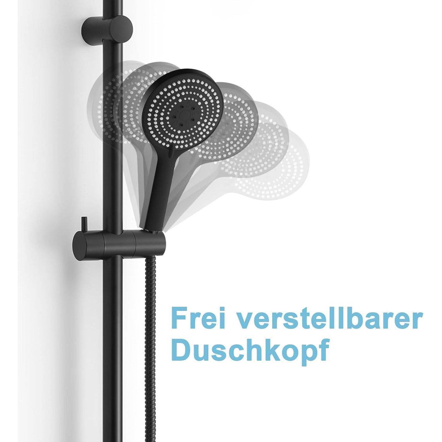 Schwarzer verstellbarer Duschkopf auf einer vertikalen Schiene, gezeigt aus mehreren Winkeln, um den Bewegungsumfang zu demonstrieren, mit deutschem Text „Frei verstellbarer Duschkopf