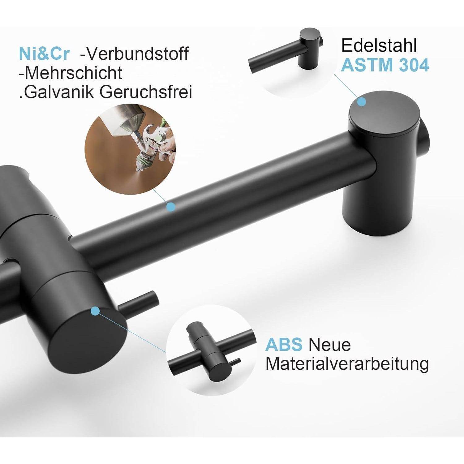 Kommentiertes Foto eines schwarzen Metallstangengriffs mit Hervorhebung der Materialeigenschaften: Edelstahl ASTM 304, Ni&Cr-Mehrschicht-Galvanikbeschichtung geruchsfrei und ABS-Oberflächenfinish.