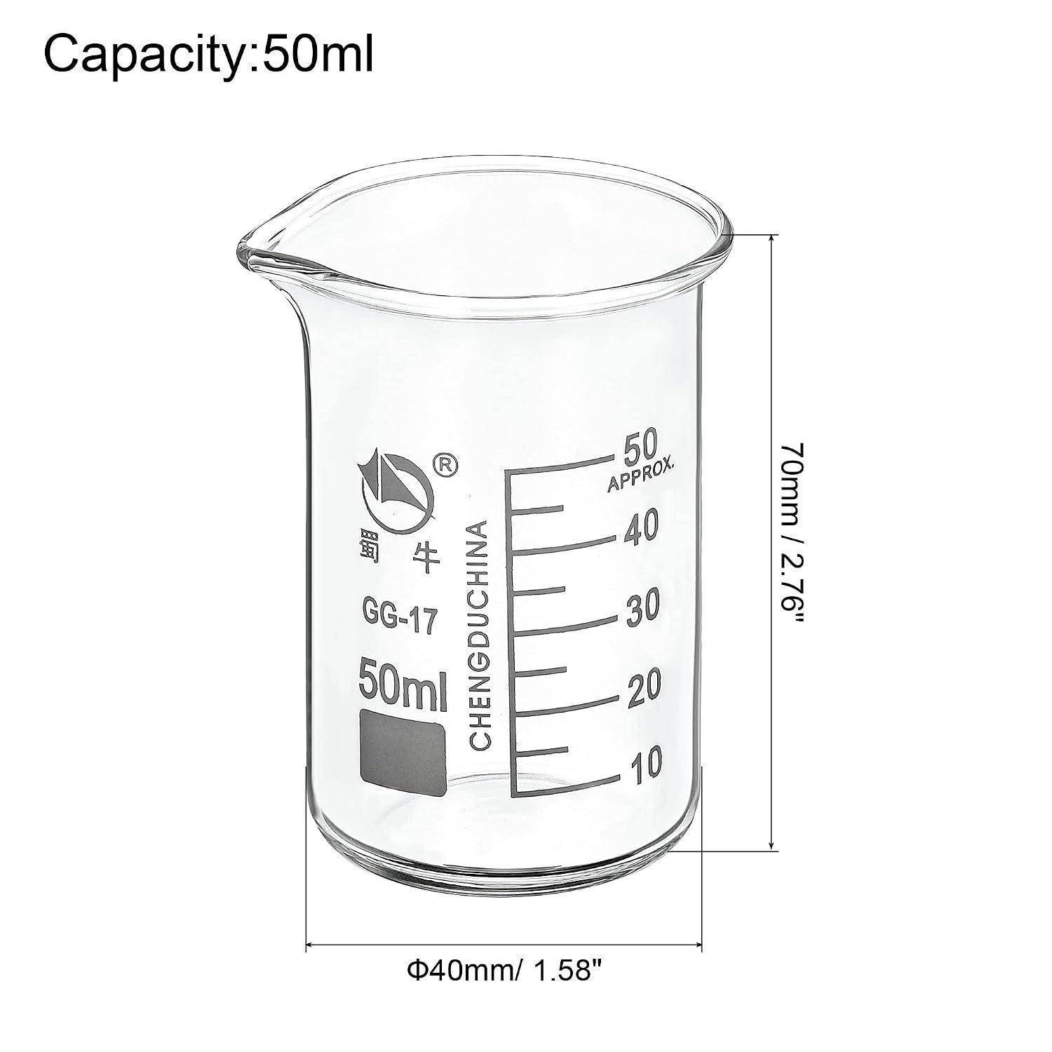 Glasbecher-Illustration mit Beschriftung „Fassungsvermögen: 50 ml" mit Abstufungen bis 50, Höhe 70 mm und Durchmesser 40 mm angezeigt.