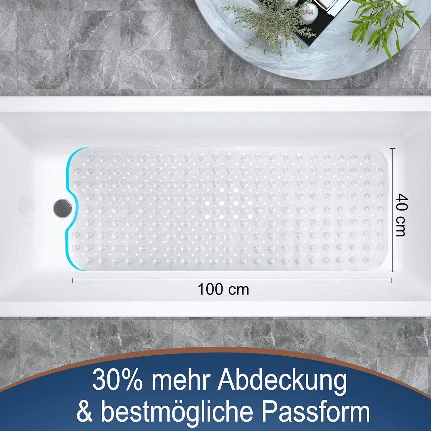 Weiße Badewannenmatte in einer Wanne abgebildet, mit Abmessungen von 100 cm x 40 cm gekennzeichnet und deutscher Text, der 