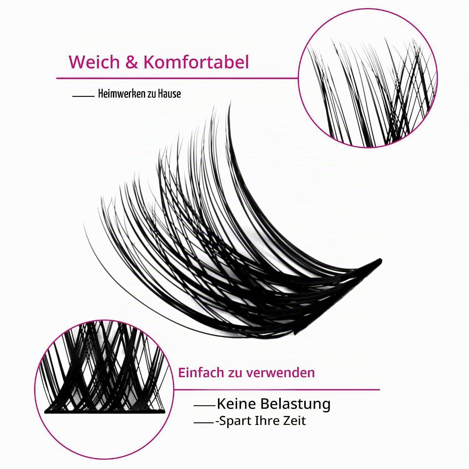 Deutsches Produktgrafik zeigt schwarze borstenhaarähnliche Stränge mit Nahaufnahmen, gekennzeichnet mit 'Weich & Komfortabel', 'Heimwerken zu Hause', 'Einfach zu verwenden', 'Keine Belastung', 'Spart Ihre Zeit'.