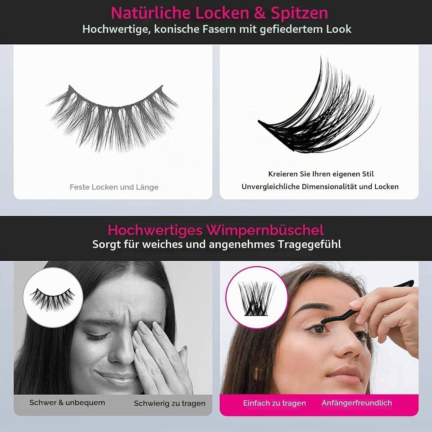 Werbebild zum Vergleich von künstlichen Wimpern: natürlich aussehende Locken und stachelige Wimpernbündel, plus Fotos, die unbequeme schwere Wimpern versus einfaches, anfängerfreundliches Tragen zeigen.